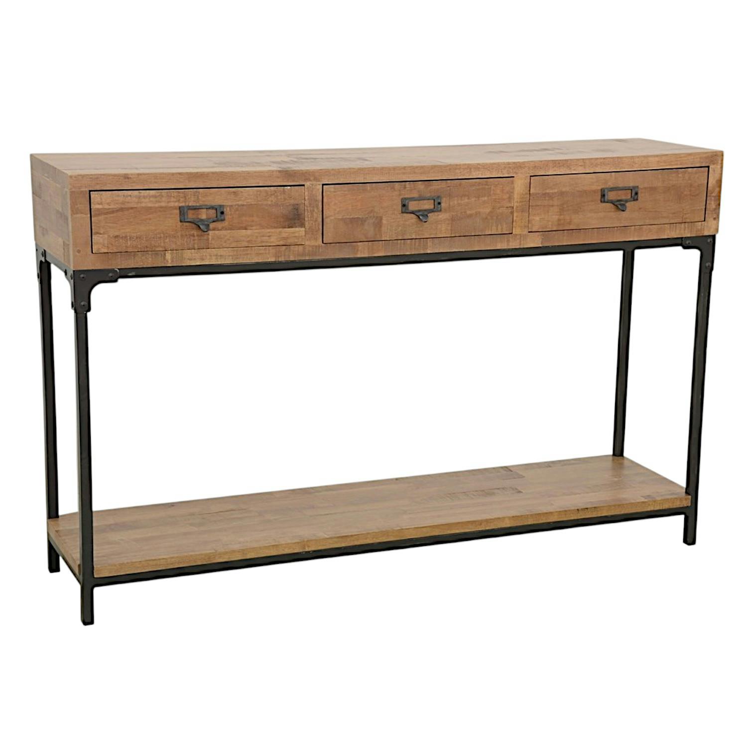 Console 3 tiroirs, 1 plateau bas en Hévéa recyclé naturel et métal 120x30x75 LOFT