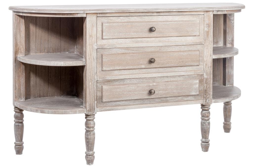 Console arrondie bois naturel patiné grisé blanchi 3 tiroirs L130xP35xH78,5cm PAOLIA