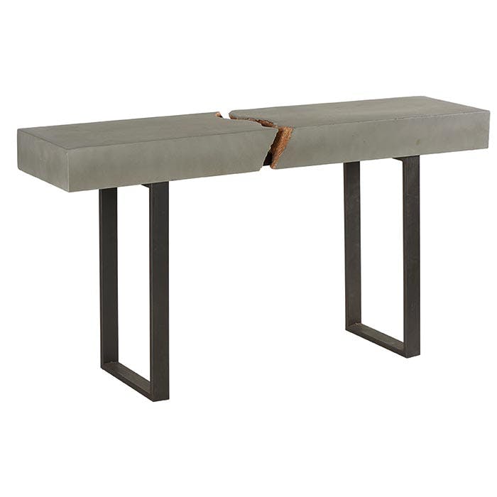 Console Art-Déco en bois aspect béton avec métal au centre et piètement métal 155x40x83cm