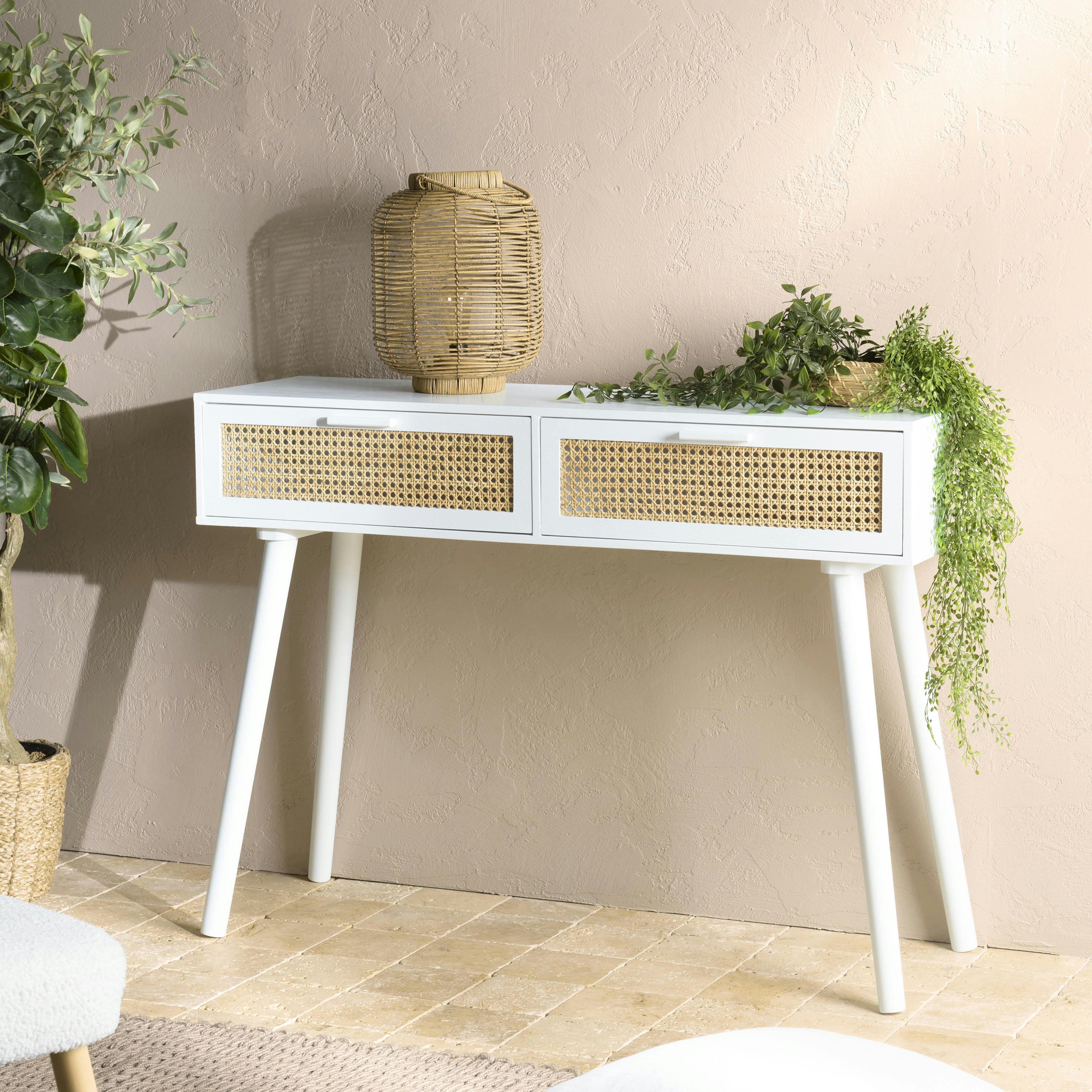 Console blanche moderne 2 tiroirs cannage naturel CALVIA