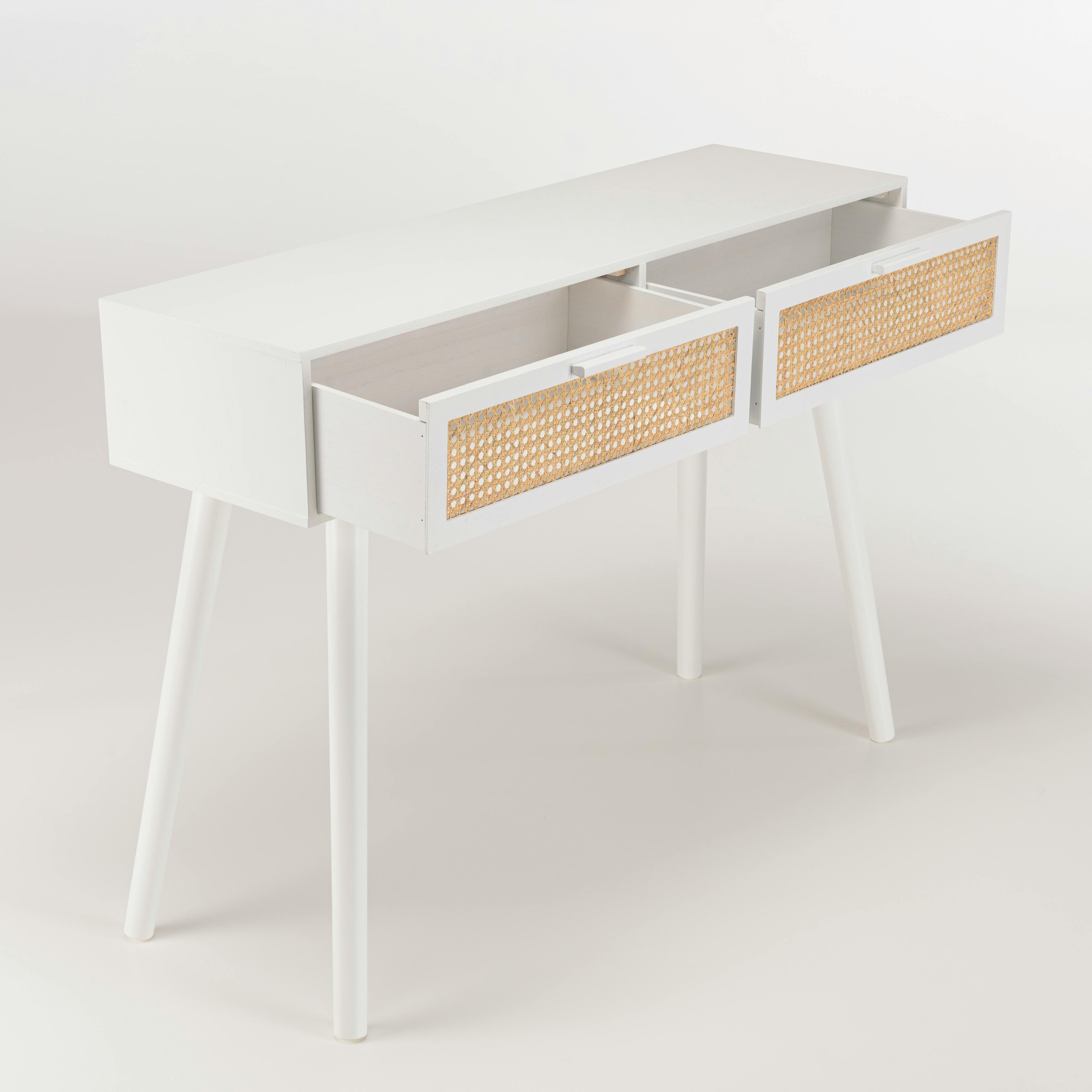 Console blanche moderne 2 tiroirs cannage naturel CALVIA | Consoles ...