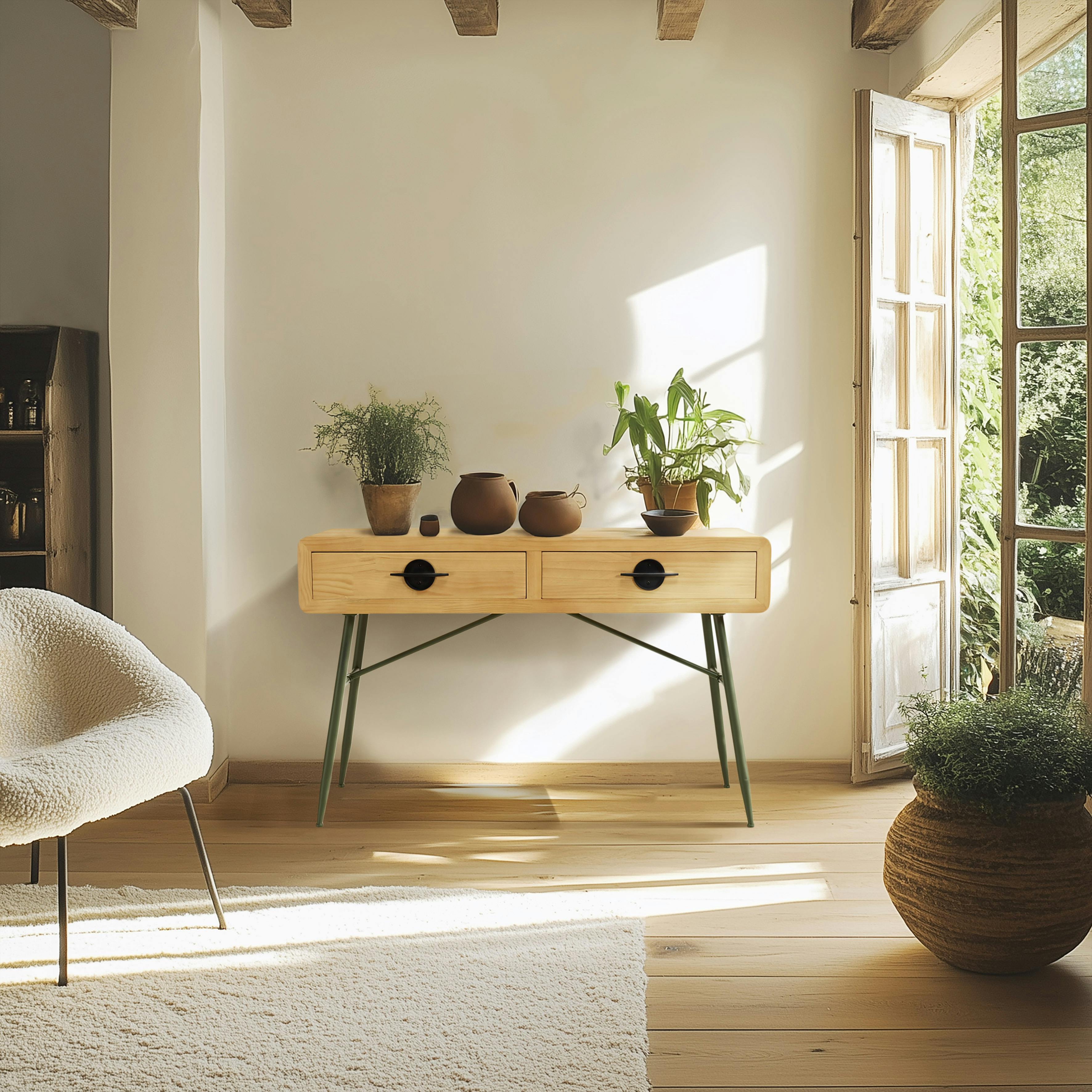 Console bois clair et pieds métal vert BAGAN