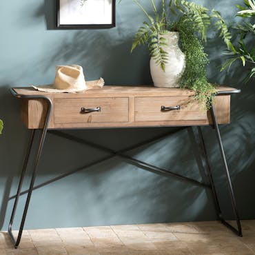  Pier Import console bois sapin et métal plateau en marqueterie 2 tiroirs style scandinave industriel BOSTON