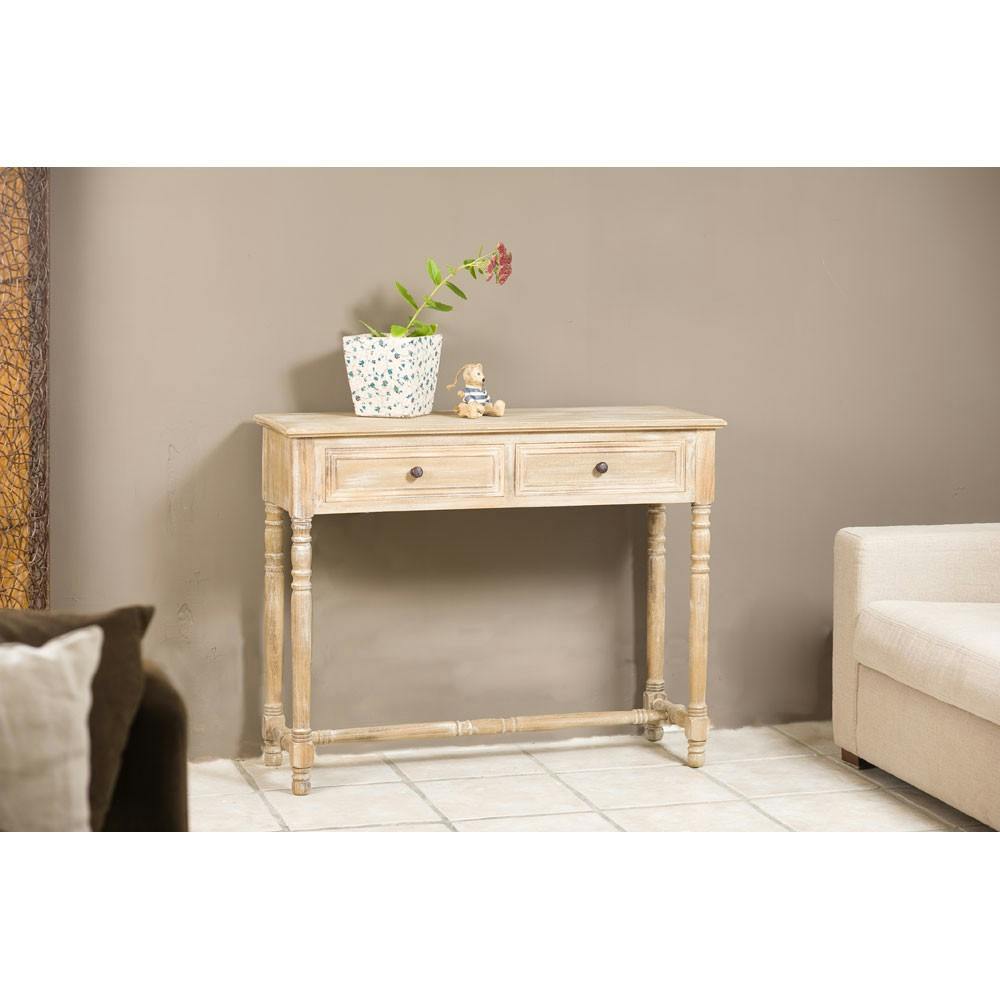 Console bois lazuré blanc romantique 2 tiroirs 104cm SANDRA