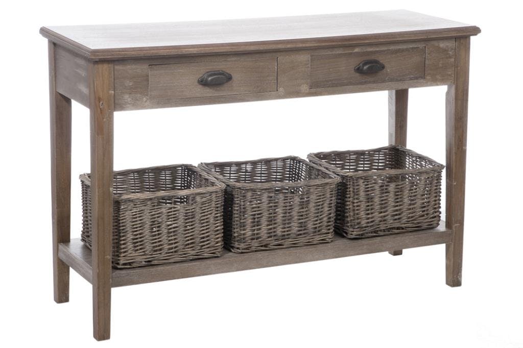 Console bois naturel patiné grisé blanchi 2 tiroirs et 3 paniers amovibles L120xP40xH79cm PAOLIA