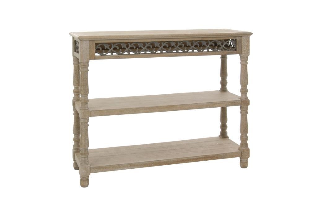 Console bois naturel patiné grisé blanchi 3 niveaux, décor métallique L98xP34xH80cm PAOLIA