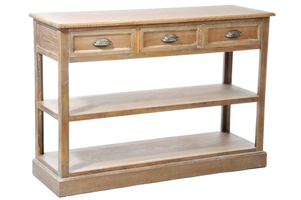 Console bois naturel patiné grisé blanchi 3 tiroirs 1 étagère et 1 niveau bas L120xP40xH84cm PAOLIA