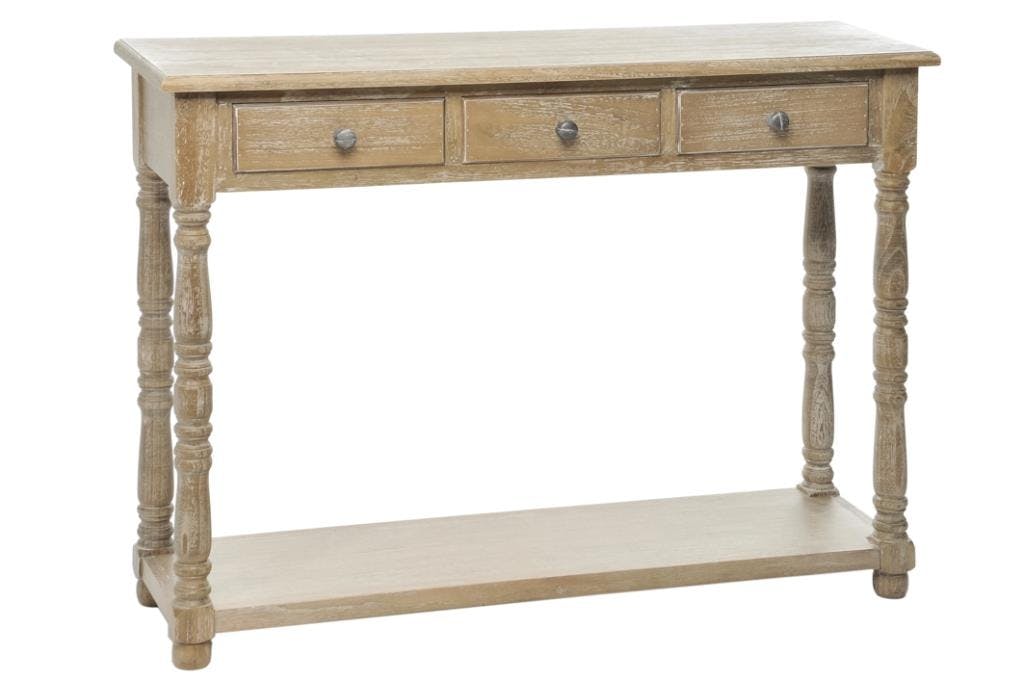 Console bois naturel patiné grisé blanchi 3 tiroirs et 1 niveau bas L100xP30xH75cm PAOLIA