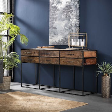 Console bois recyclé brut acier 6 tiroirs WELLINGTON
