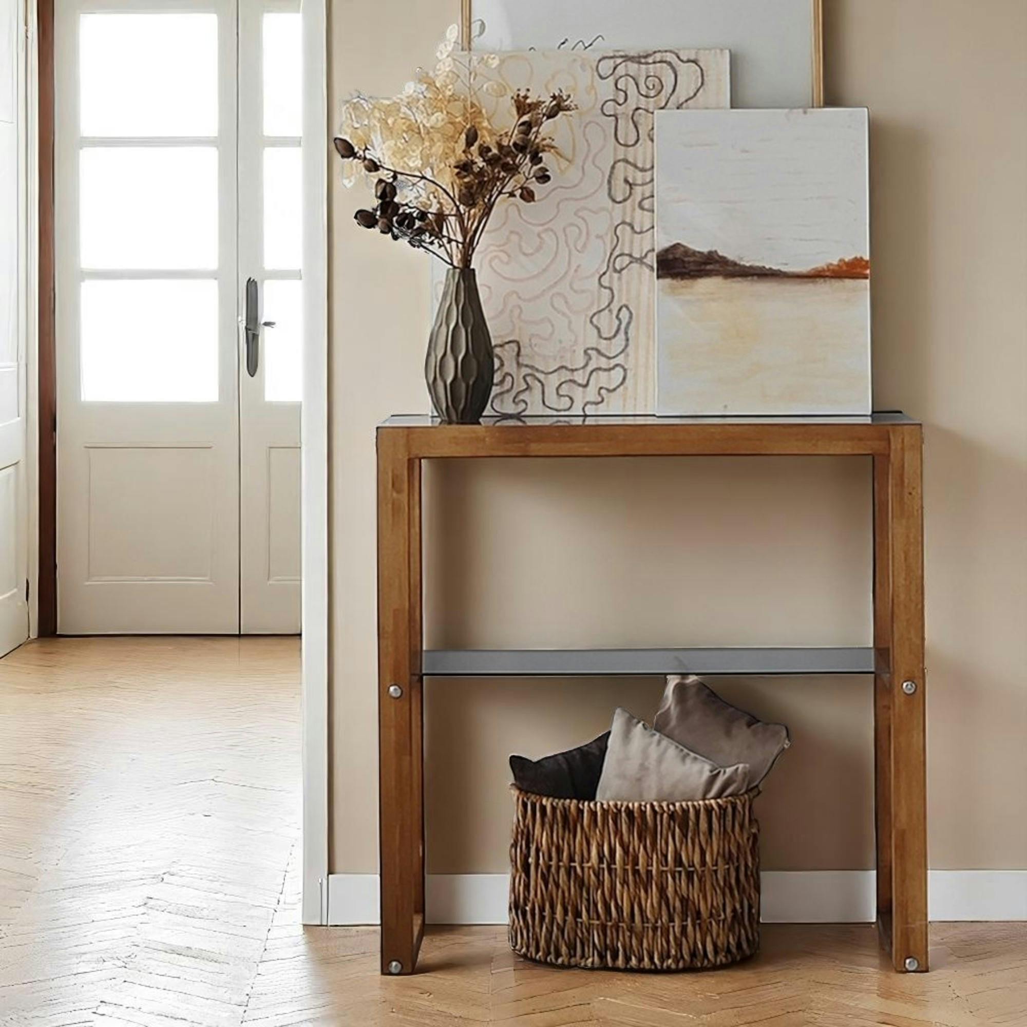 Console de salon verre teinté bois brun - 2 plateaux LHASA