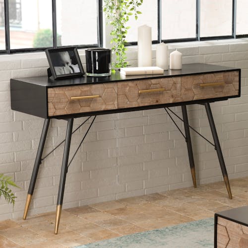 Pier Import console d'entrée en bois et métal style vintage motif nid d'abeilles contour noir 120cm RIGA
