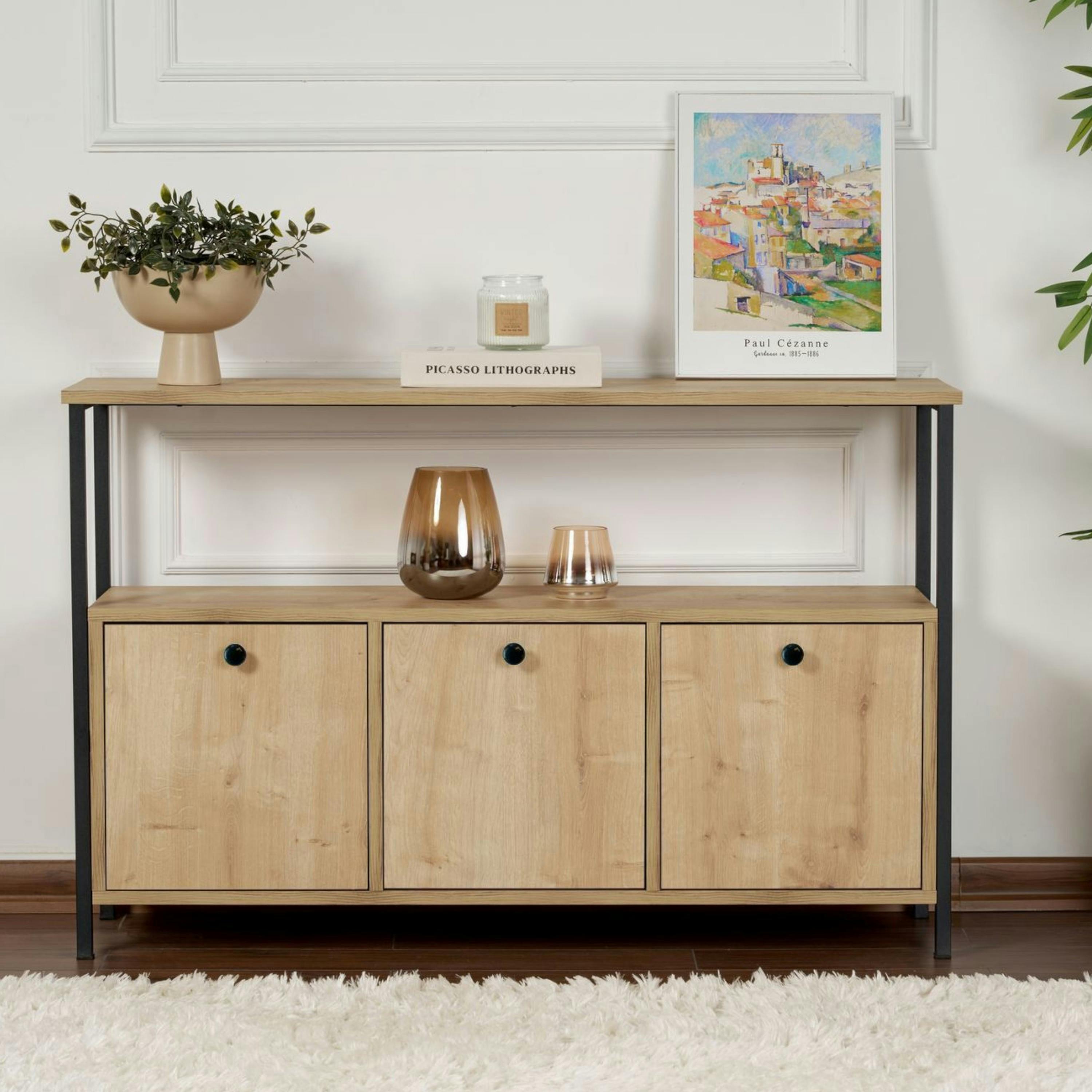 Console d'entrée avec rangement 3 niches, effet chêne JENA