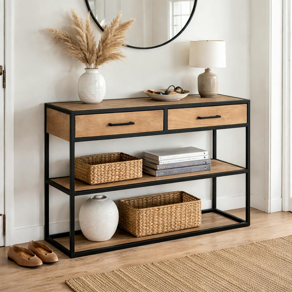 Console d'entrée bois clair 2 plateaux 2 tiroirs RIVANO