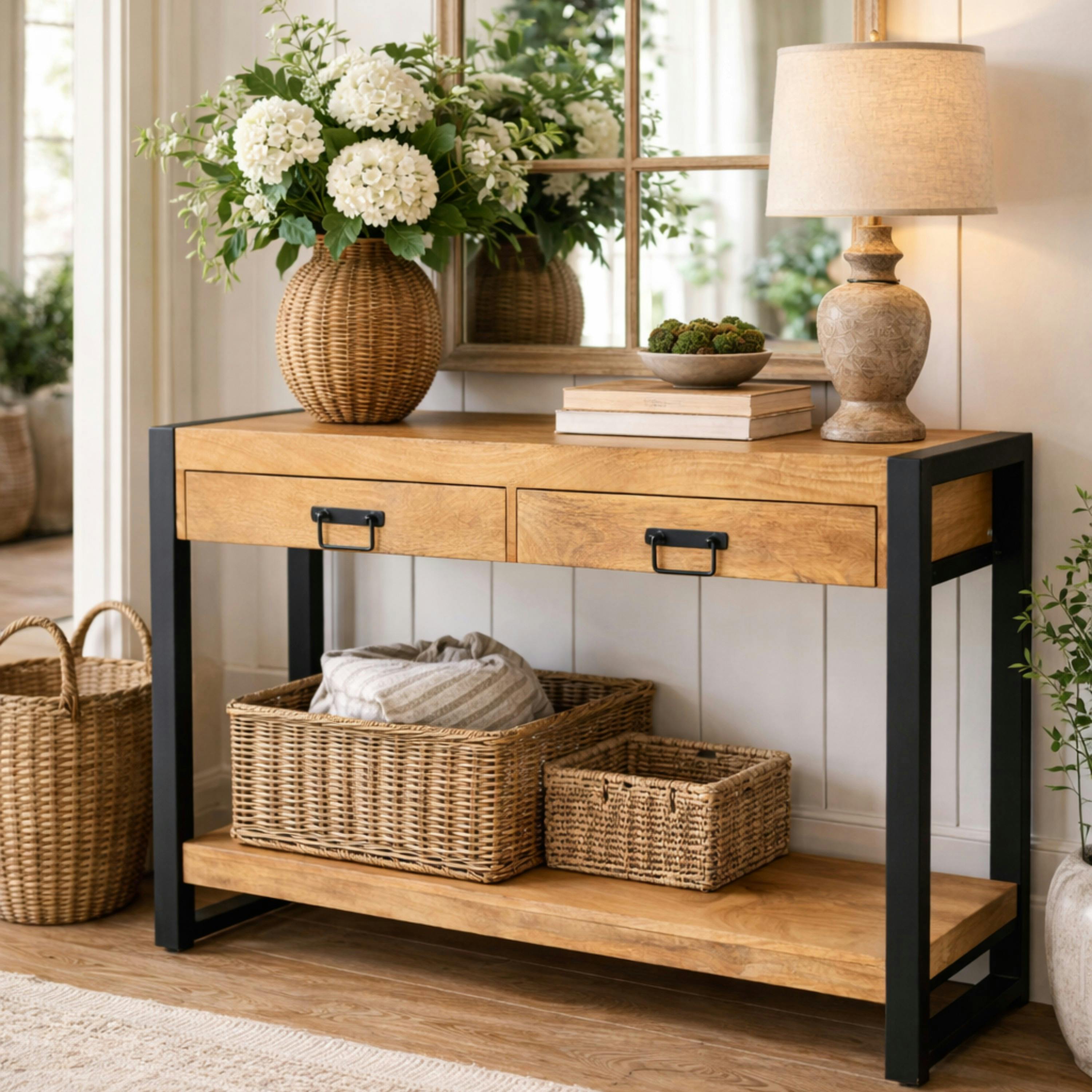 Console d'entrée bois clair métal noir 2 tiroirs MILORA