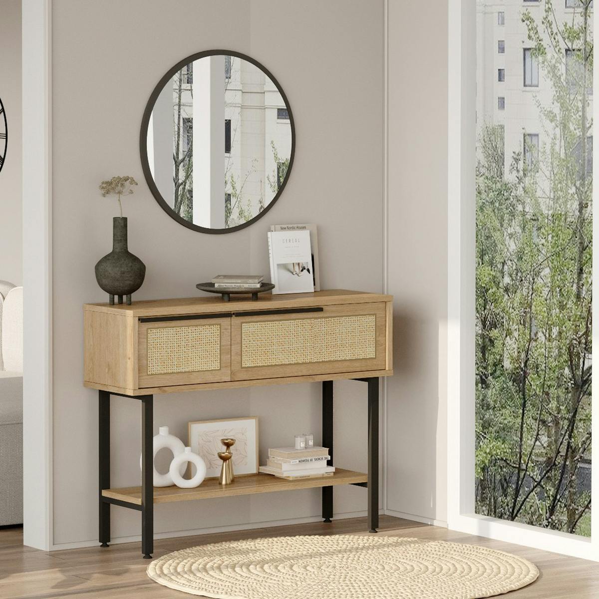 Console d'entrée cannage bohème et miroir rond JENA