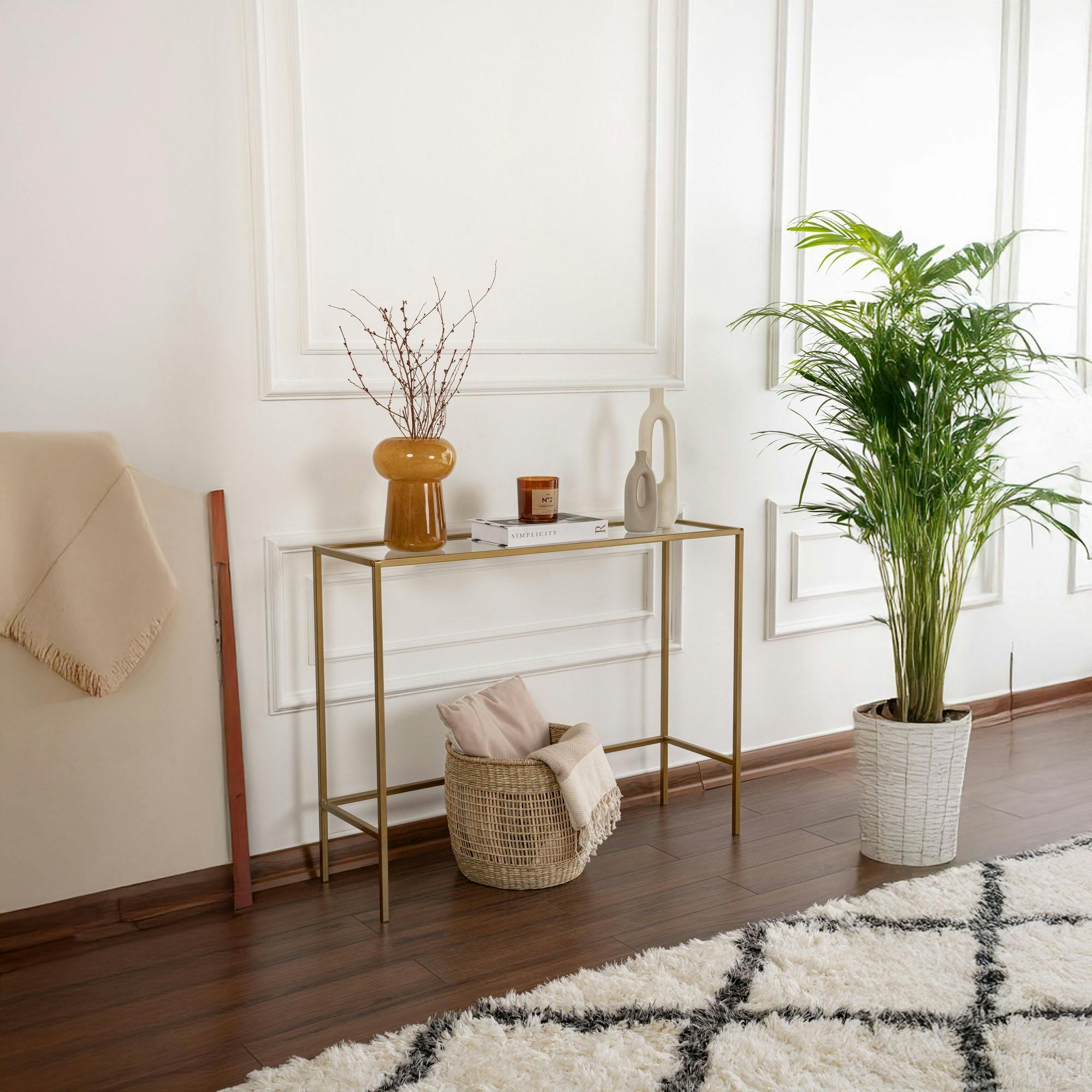 Console d'entrée design en verre et métal doré TULUM