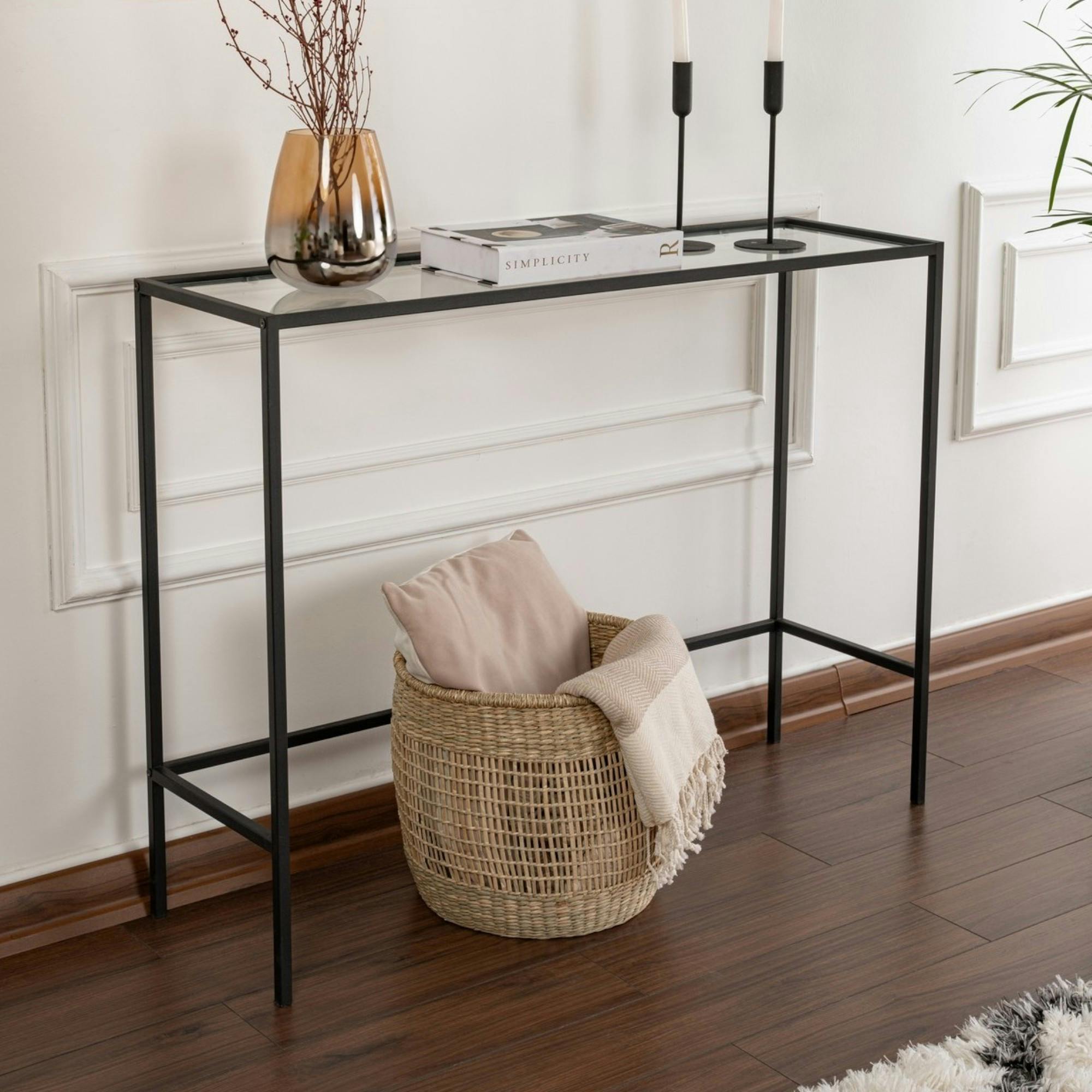 Console d'entrée design en verre et métal noir TULUM