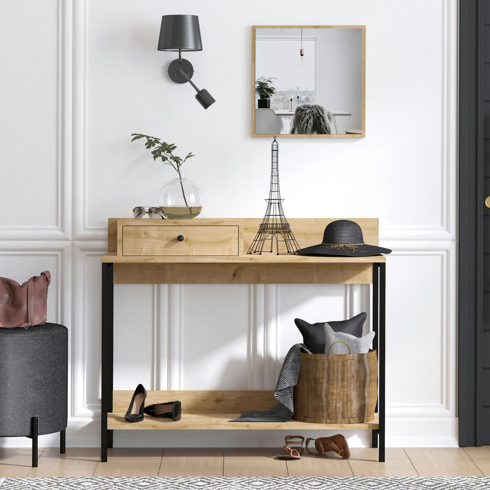 Console d'entrée effet chêne avec miroir JENA