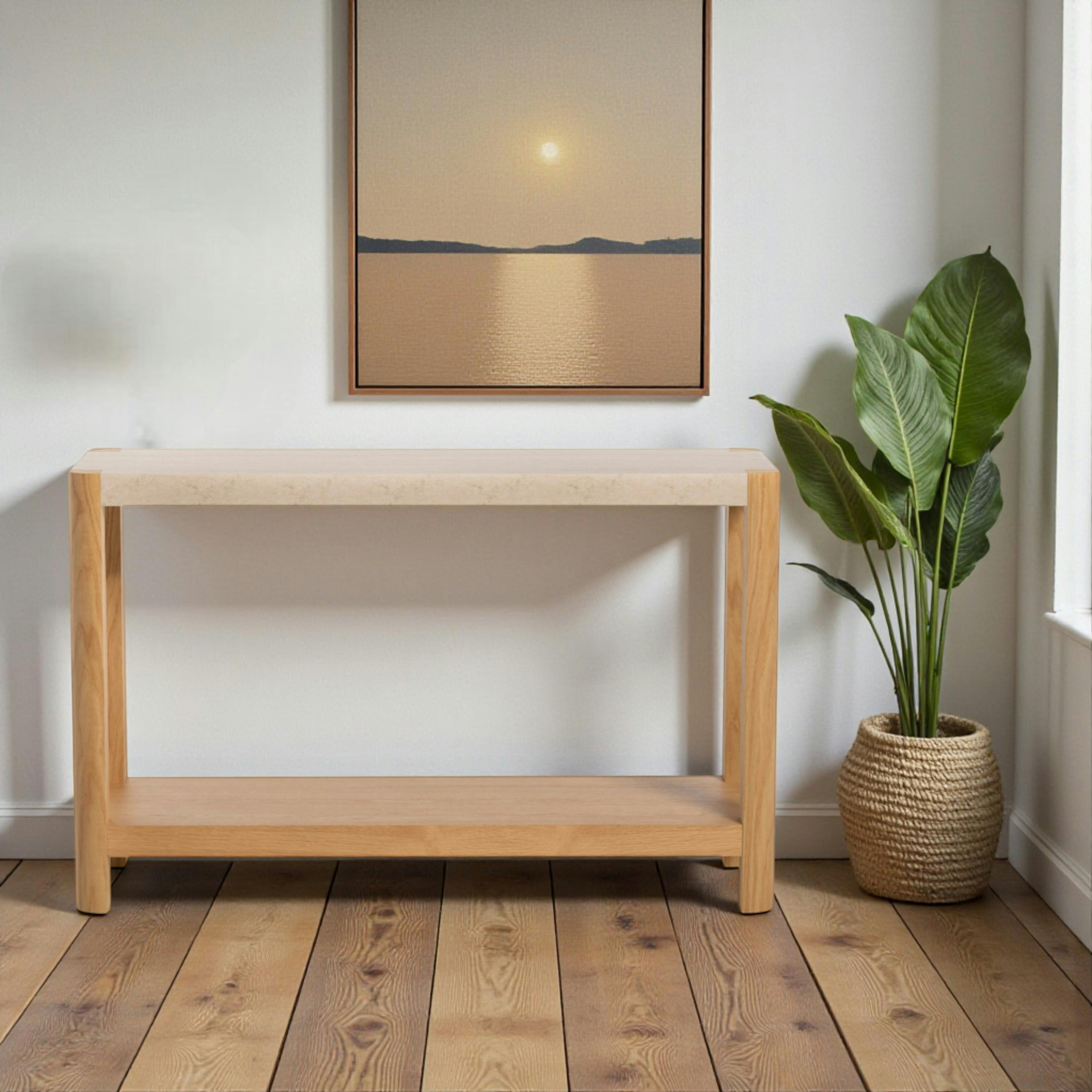 Console d'entrée en bois avec plateau effet travertin TREVI