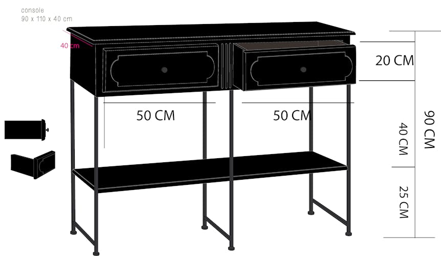 Console double en bois noir, 2 tiroirs et double plateaux 110x40x90cm ACADEMIE