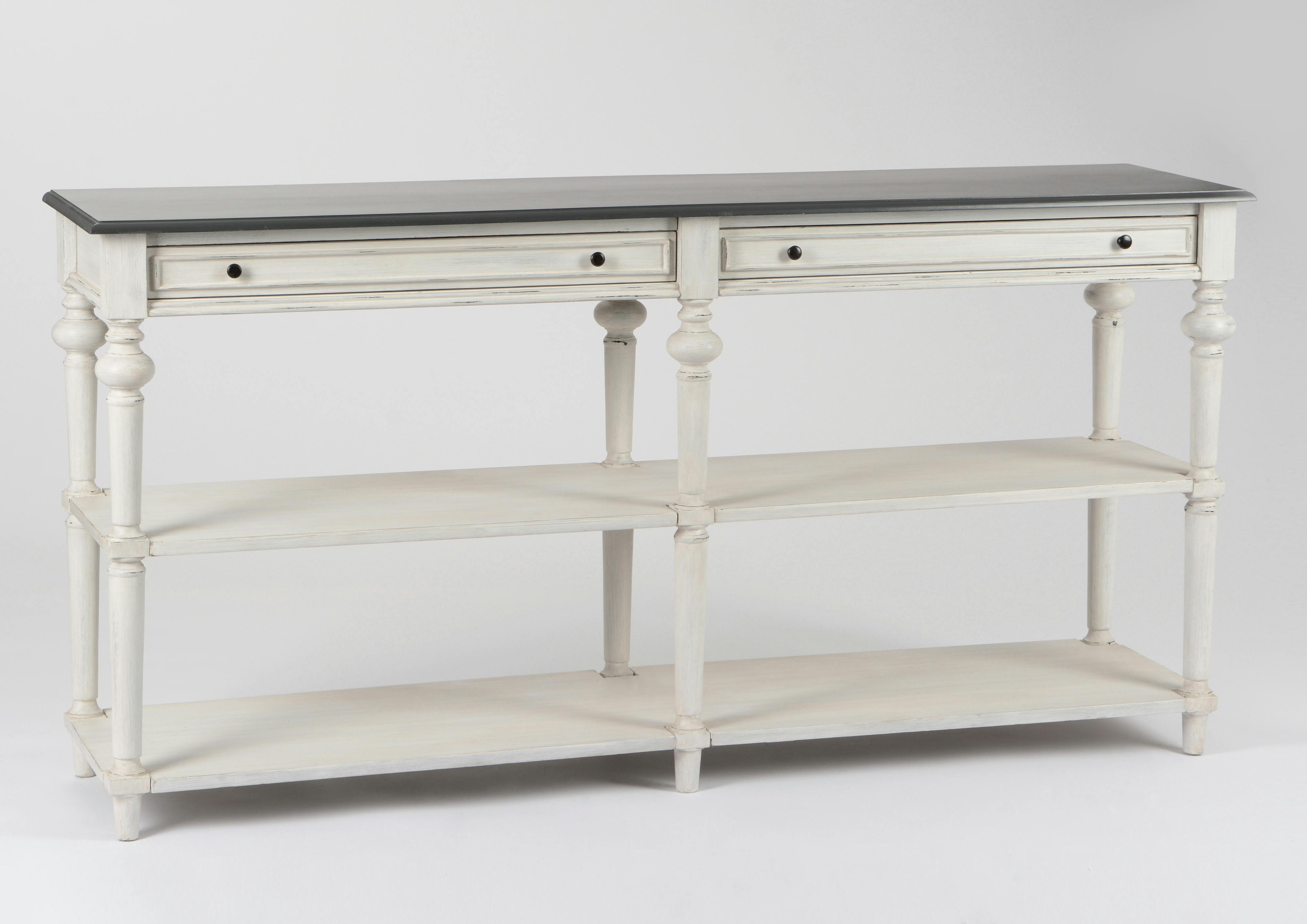 Console Drapier Baroque 2 tiroirs, double plateaux bas HERITAGE bois blanchi plateau anthracite 160x40x80cm AMADEUS