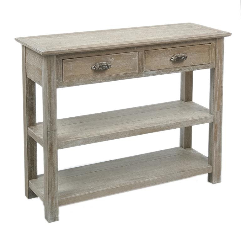 Console drapier bois naturel patiné grisé blanchi 2 tiroirs 2 niveaux inférieurs L100xP37xH81cm PAOLIA