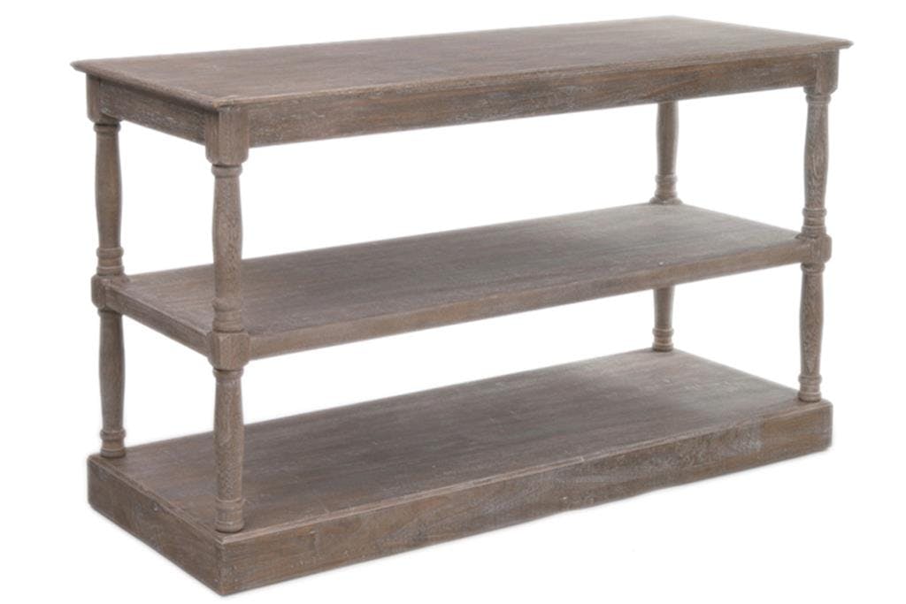 Console drapier bois naturel patiné grisé blanchi 3 niveaux pieds tournés L141xP55xH86cm PAOLIA