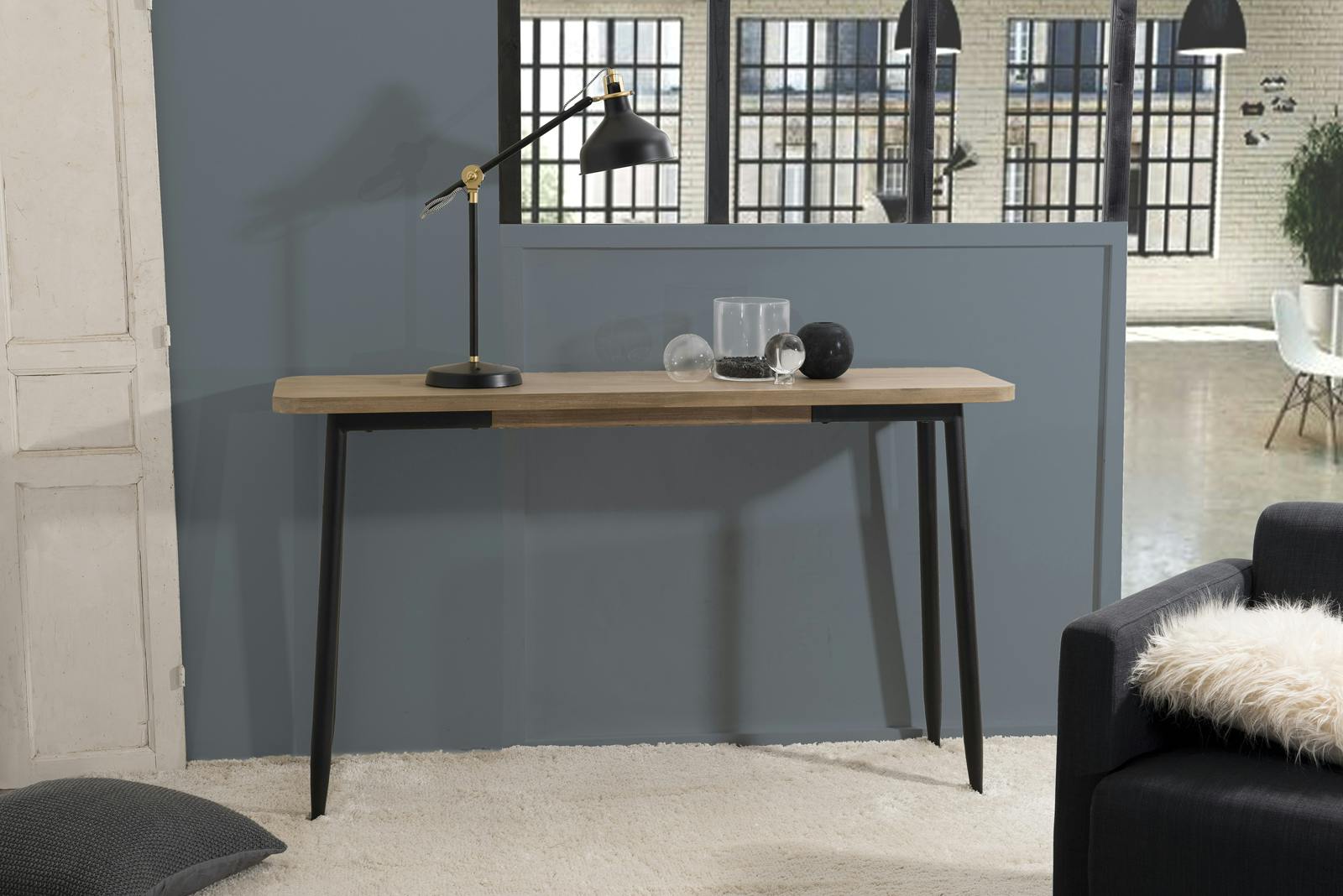 Console en Acacia massif couleur naturelle et pieds métal 140x35x81cm PALMEIRA