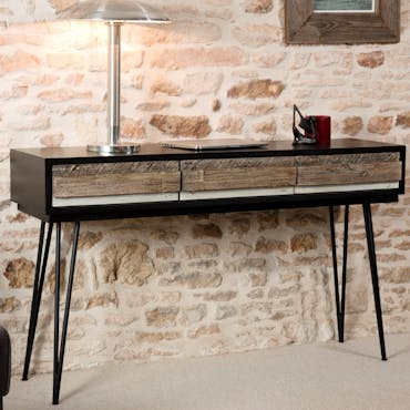 Console en Acacia massif noir 3 tiroirs bandes teintes variées et pieds métal noir 140,5x35x81cm CADIX