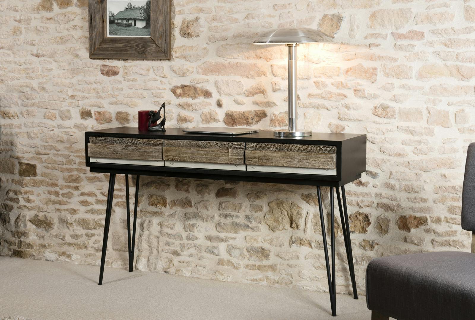 Console en Acacia massif noir 3 tiroirs bandes teintes variées et pieds métal noir 140,5x35x81cm CADIX