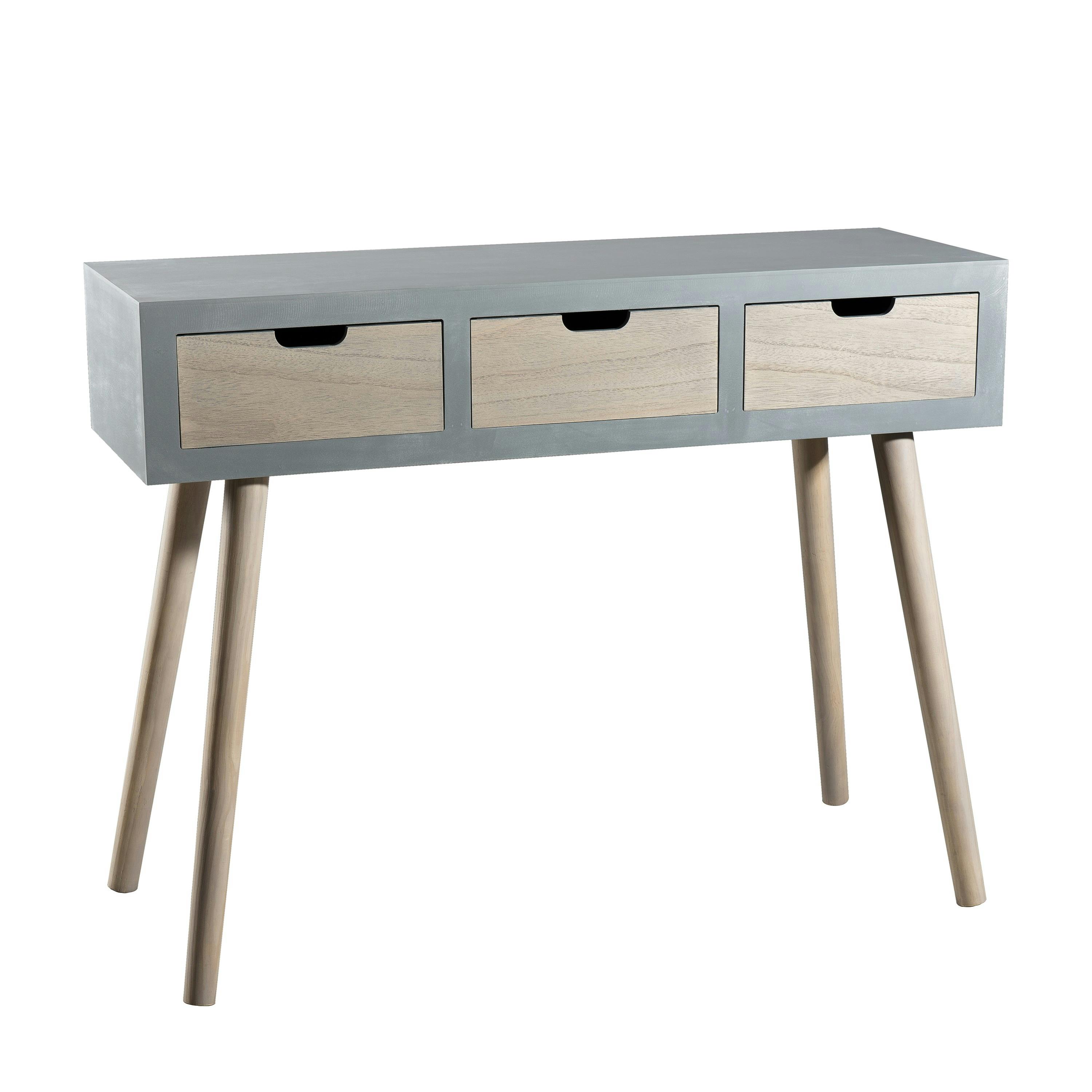 Console en bois couleur gris béton 3 tiroirs et pieds couleur naturelle 100x34x77cm LORENS