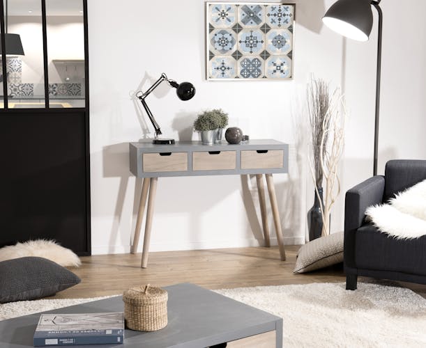 Console en bois couleur gris béton 3 tiroirs et pieds couleur naturelle 100x34x77cm LORENS