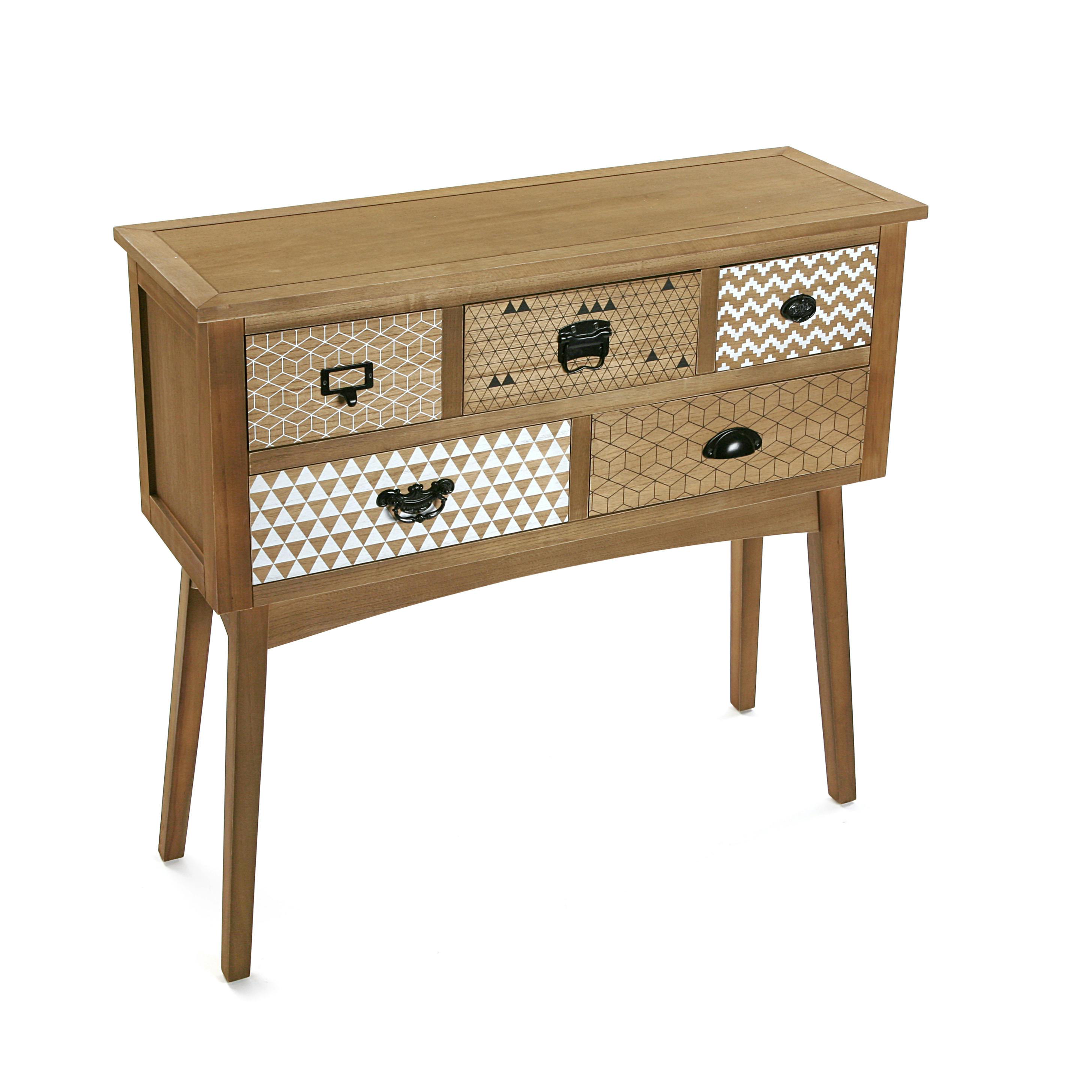 Console en pin 5 tiroirs décorés 90x30x84,5cm GRAFT