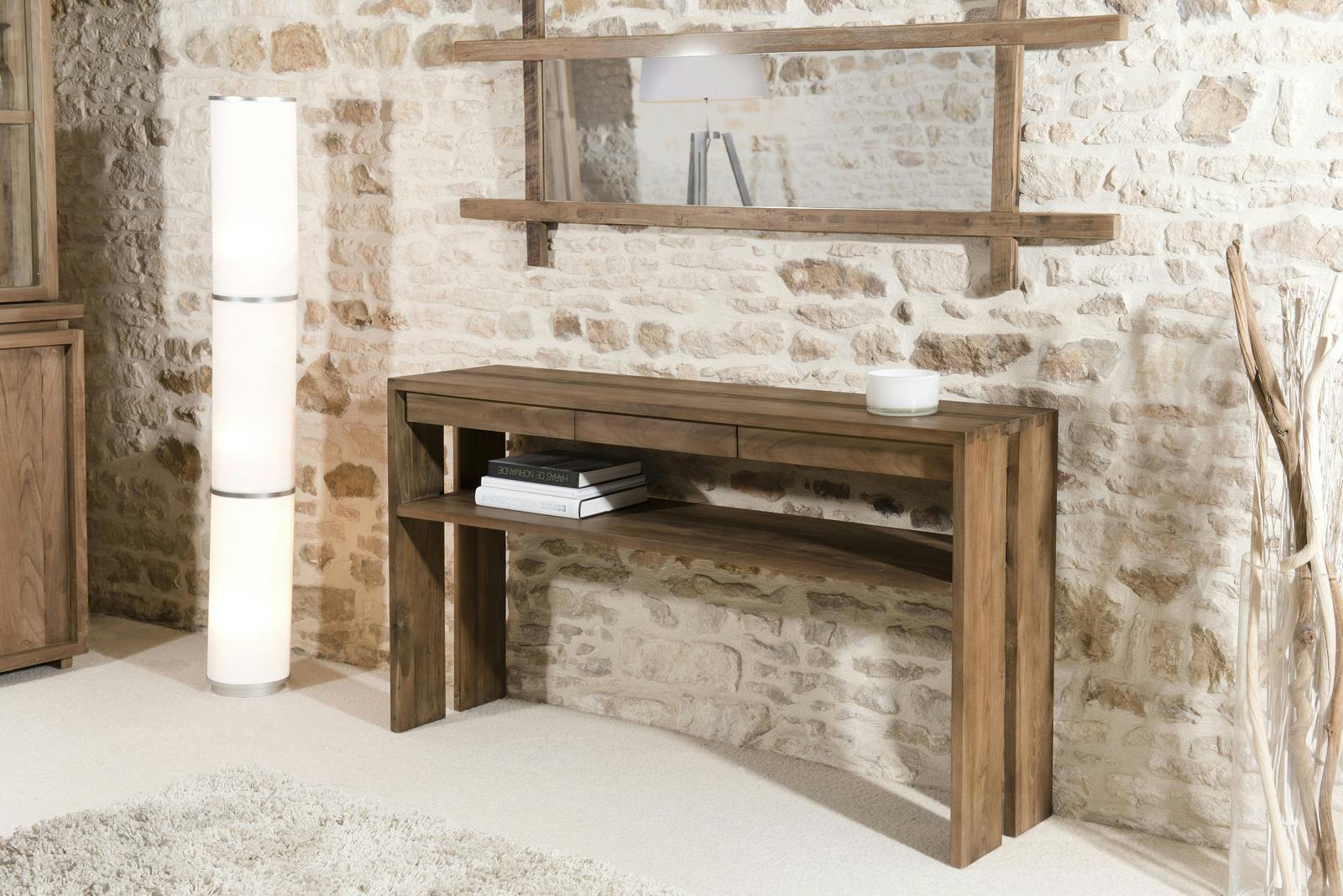 Console en Teck recyclé 3 tiroirs, double plateaux 140x35x78cm SWING