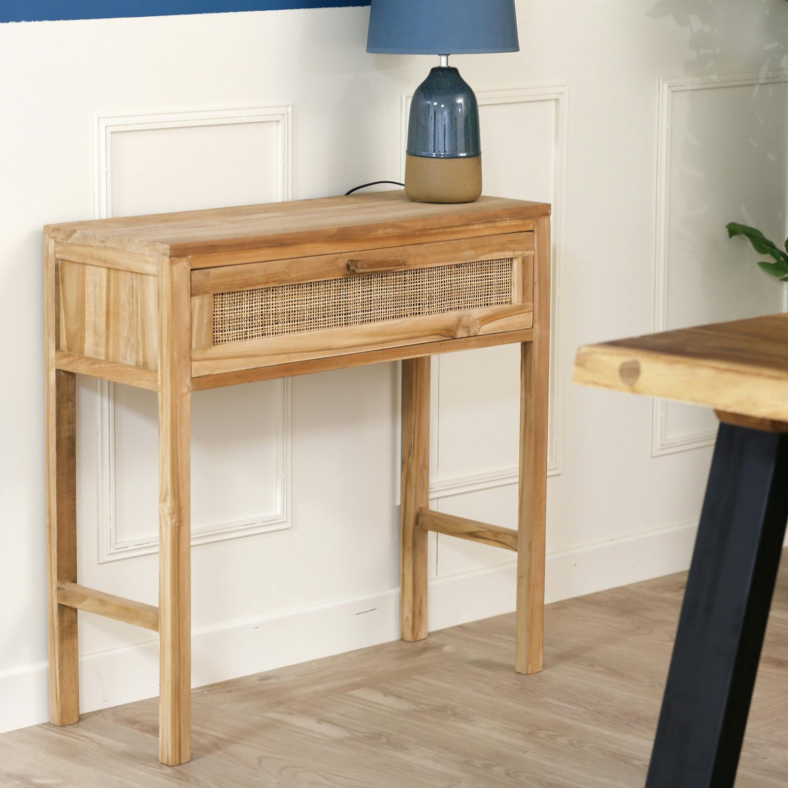 Console en teck tiroir cannage