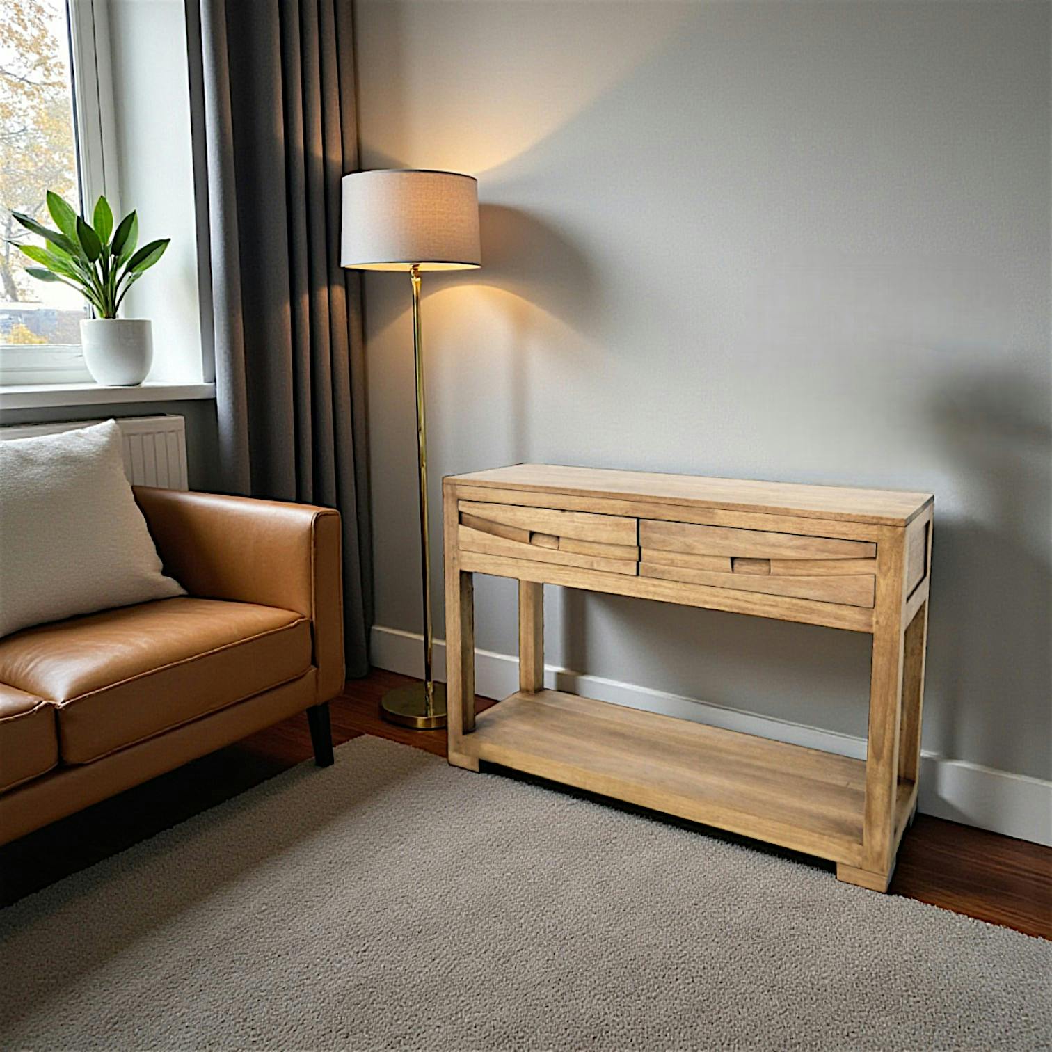 Console Hévéa 2 tiroirs, double plateaux 110x34x76cm NIAGARA