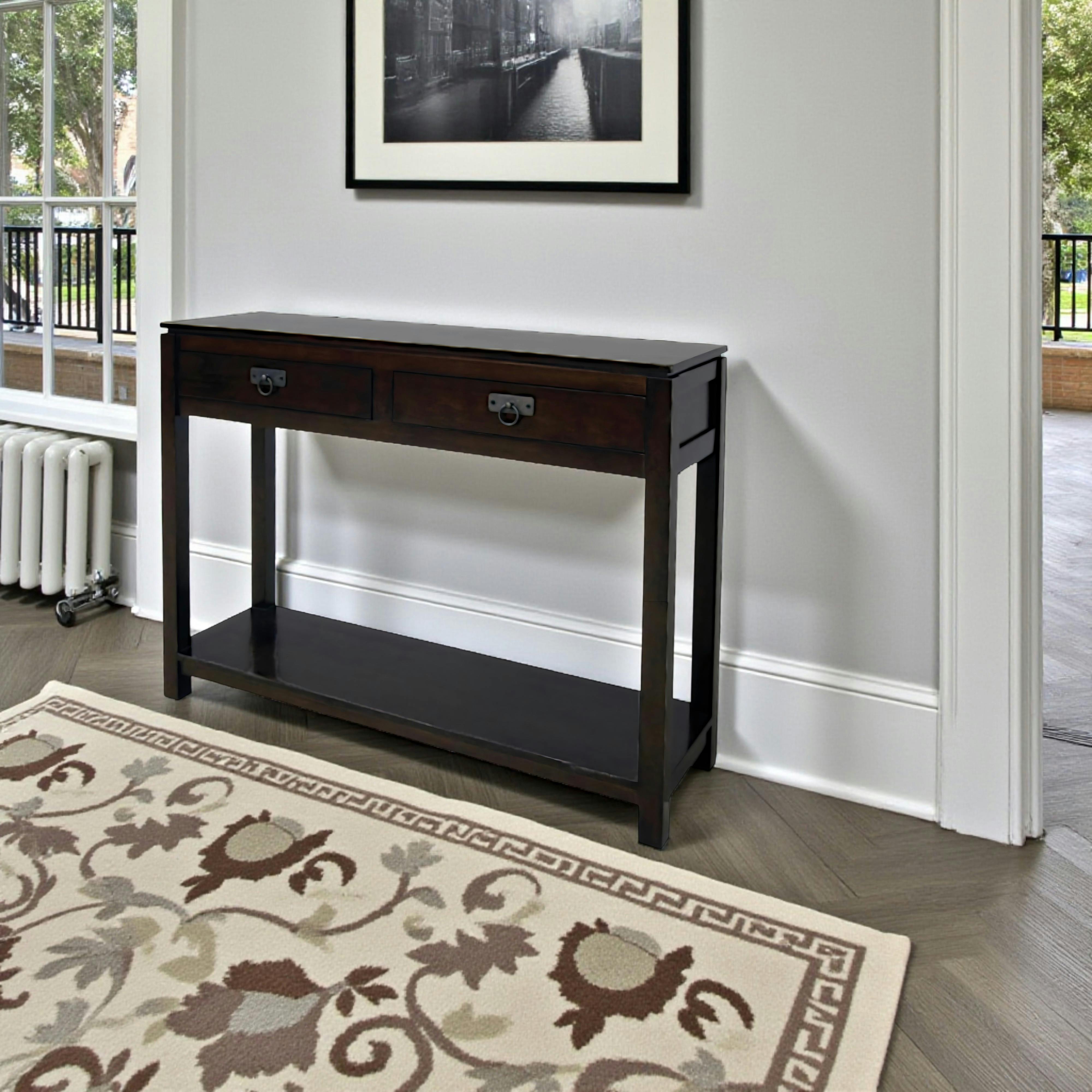 Console Hévéa double plateaux, 2 tiroirs, 100x30x75cm HELENA
