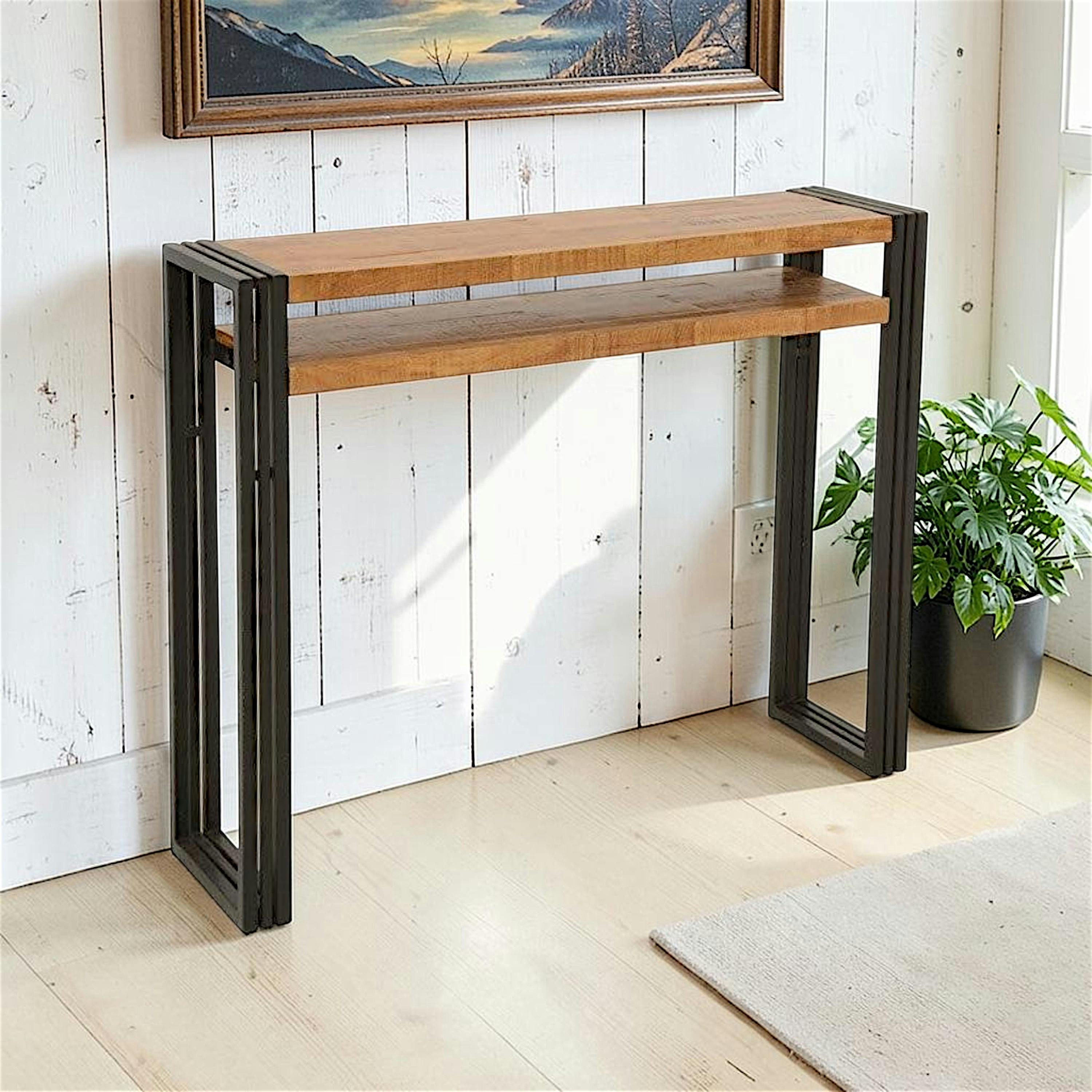 Console hévéa recyclé naturel et métal noirci 2 plateaux 100X25X80cm DOCKER