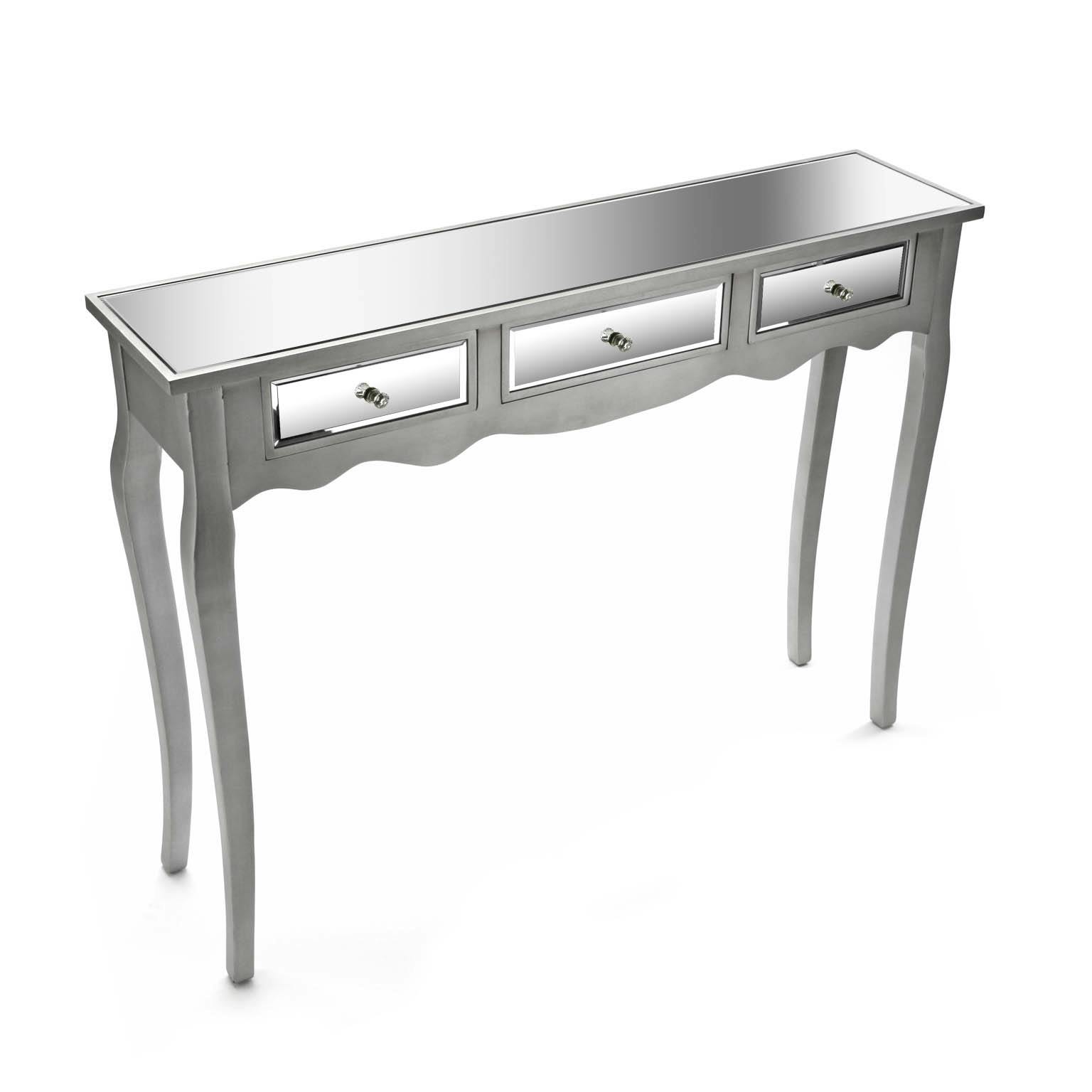 Console Miroir 3 tiroirs en bois gris et miroirs et pieds galbés 106,5x25x80,5cm ART DECO