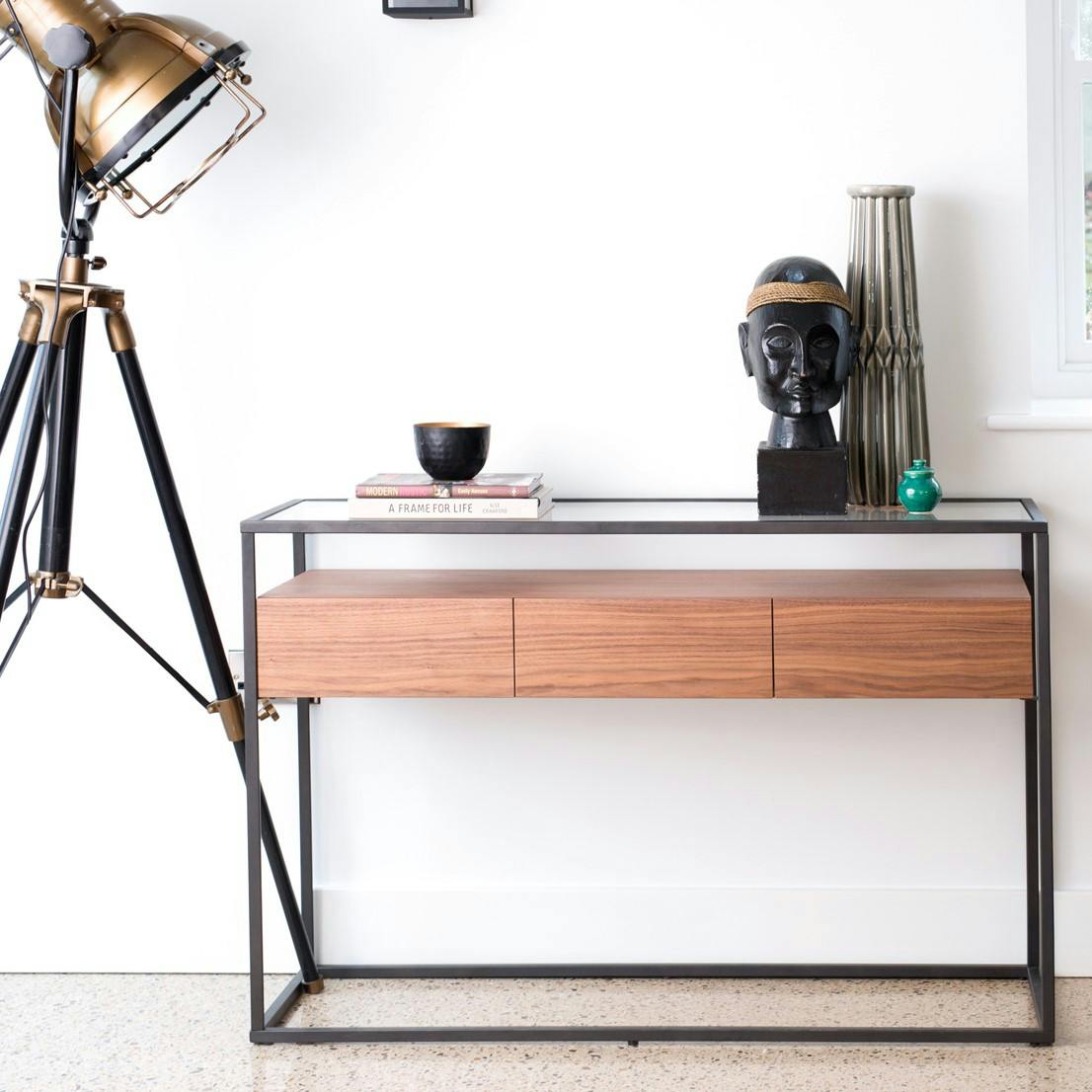 Console moderne bois de noyer verre TORONTO