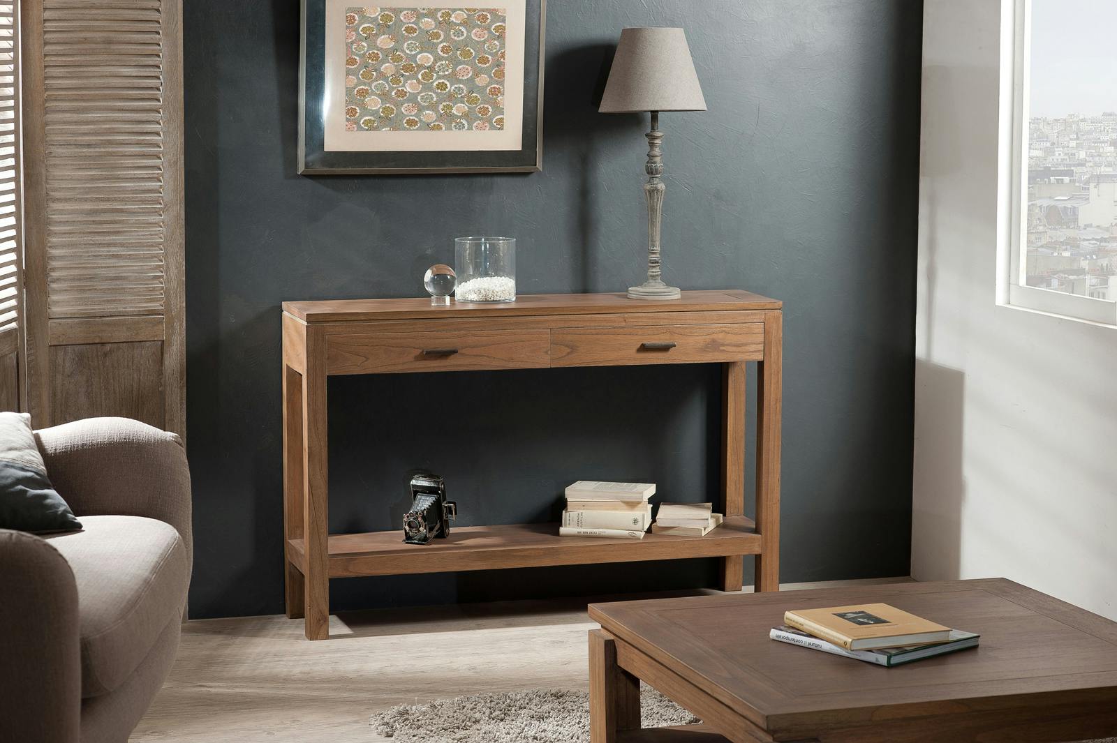Console moderne exotique double plateau 2 tiroirs L120 X P30 X H78CM LOUNA