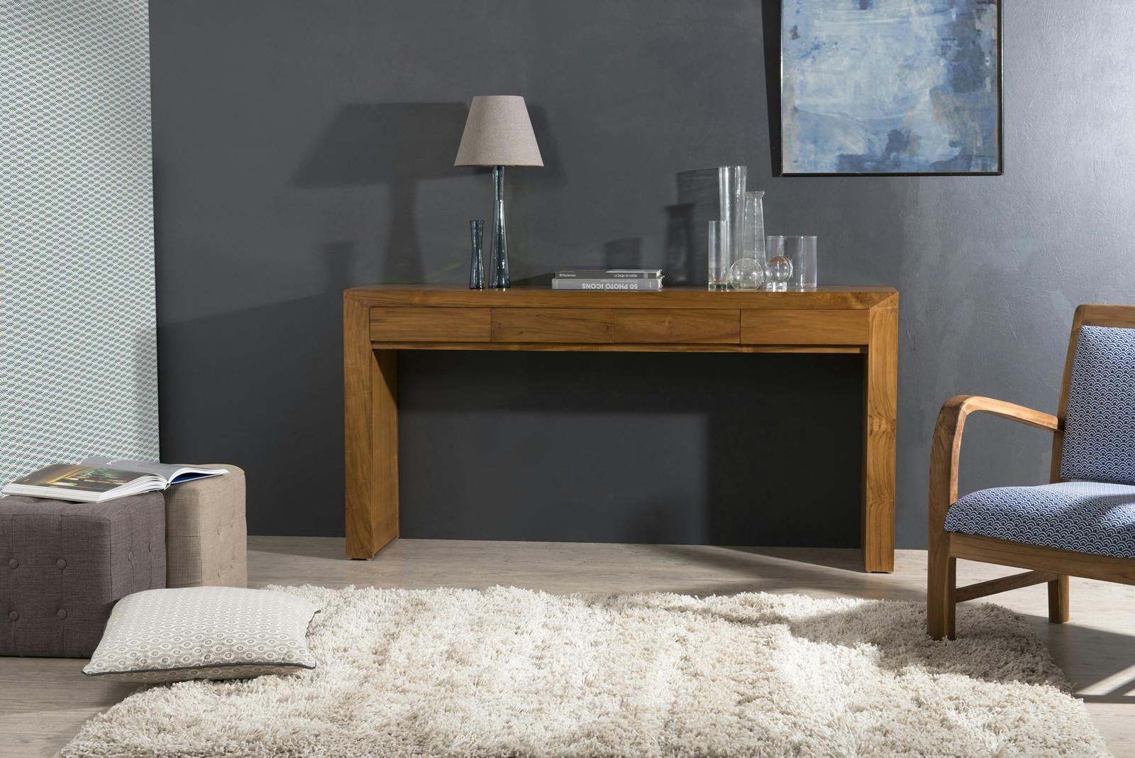 Console moderne Teck couleur miel 4 tiroirs 160X35X80cm BISHO