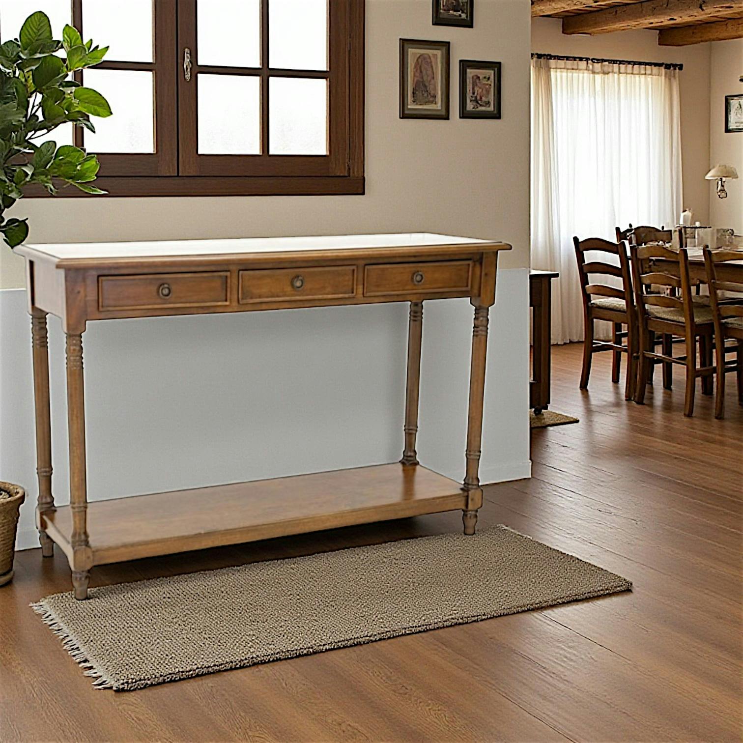 Console pieds tournés bois hévéa 3 tiroirs 120cm TRADITION