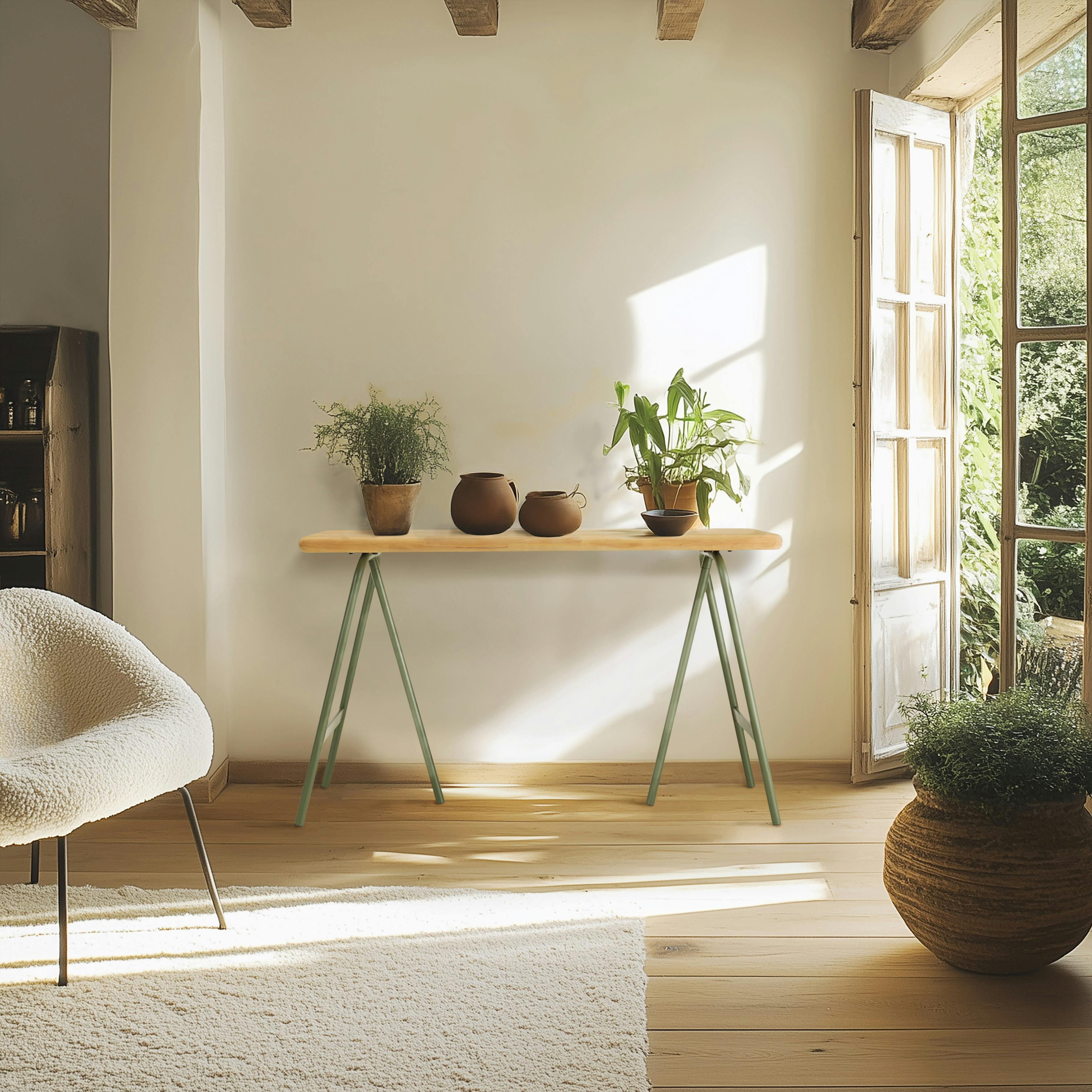 Console pieds tréteaux métal vert et pin BAGAN