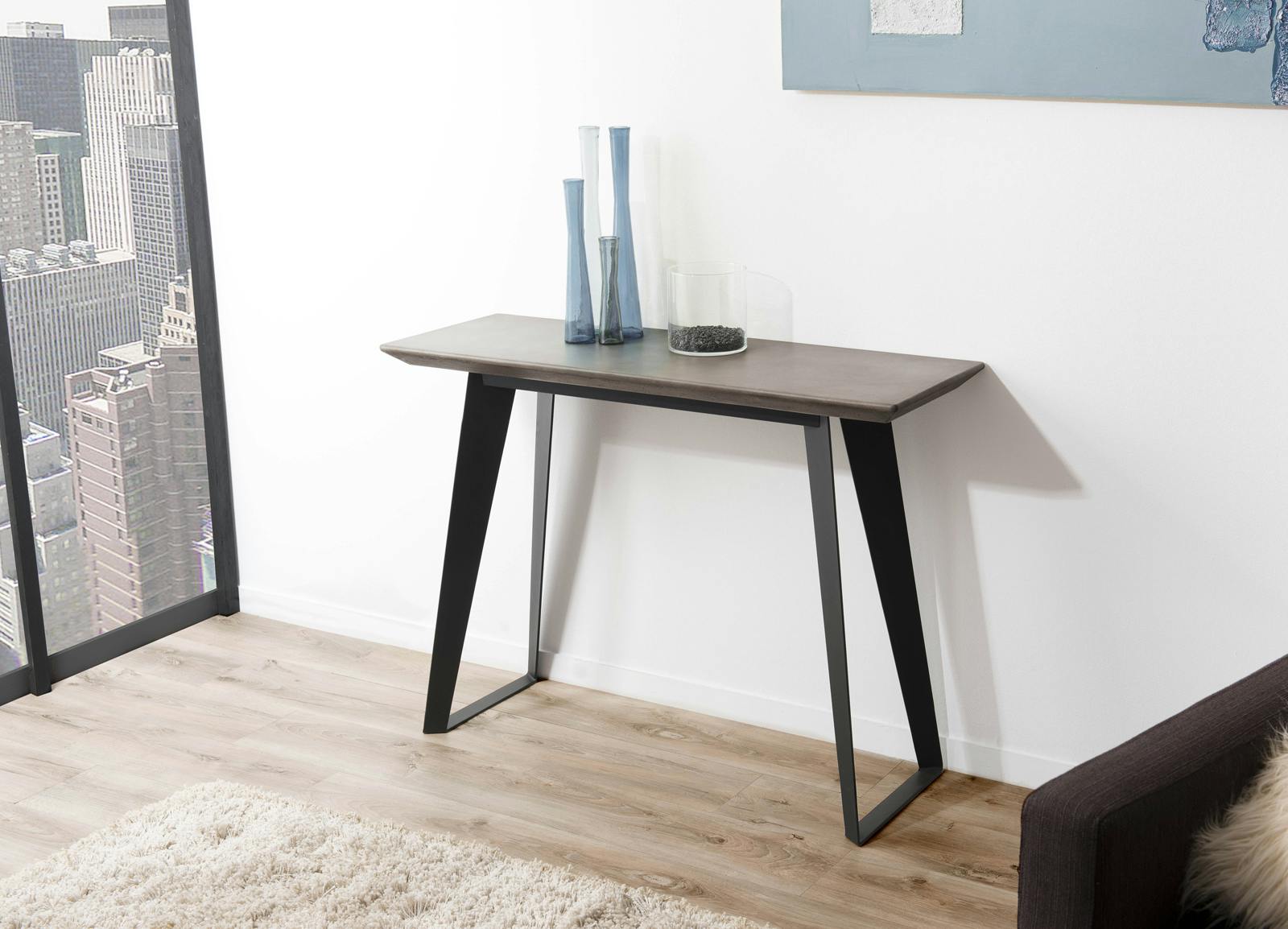 Console plateau Béton gris foncé et pieds métal noir 110x38x80cm NEAL