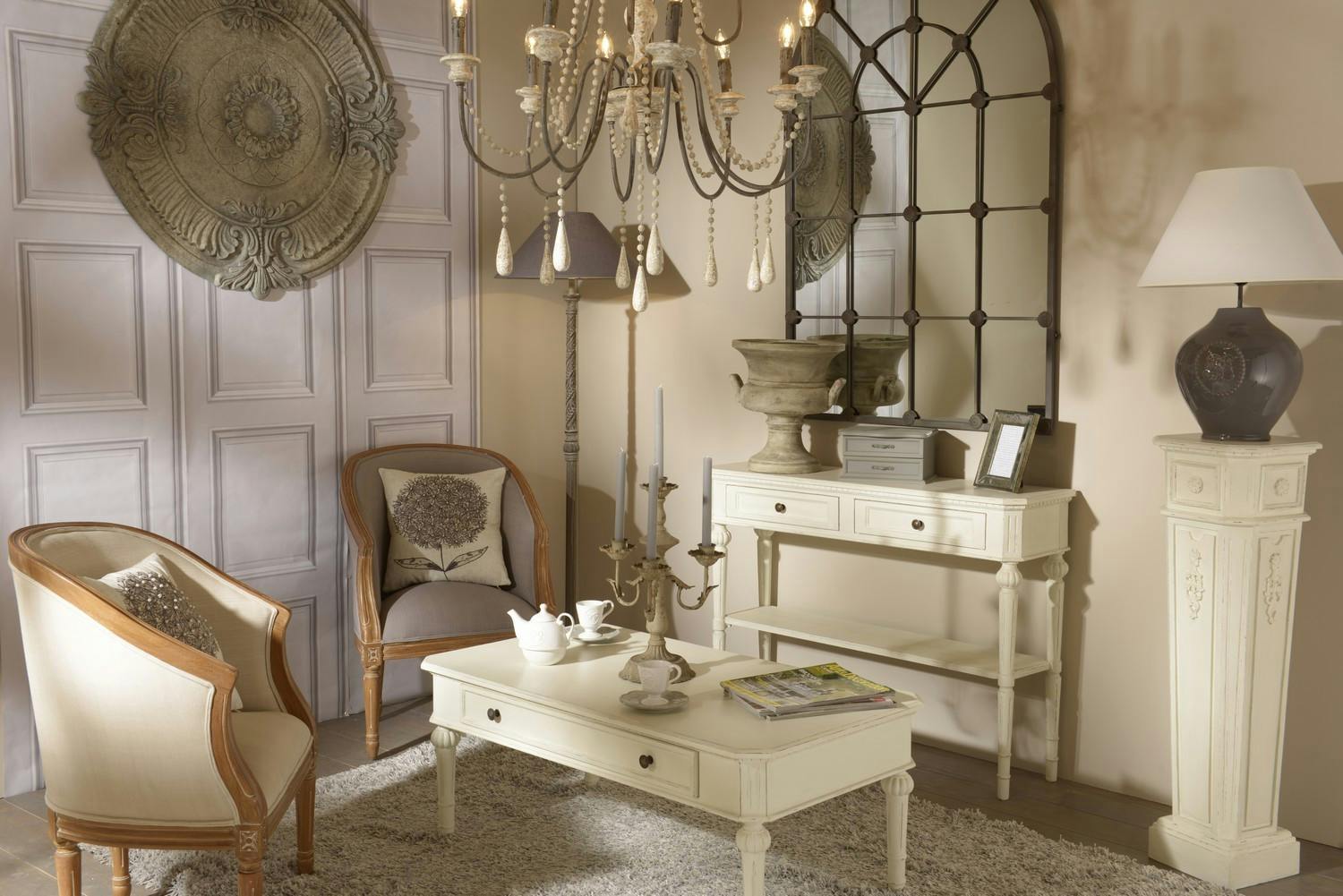 Console romantique 110 cm bois vieilli blanc 2 tiroirs LEONIE L 110 x P 30 x  H 80 AMADEUS