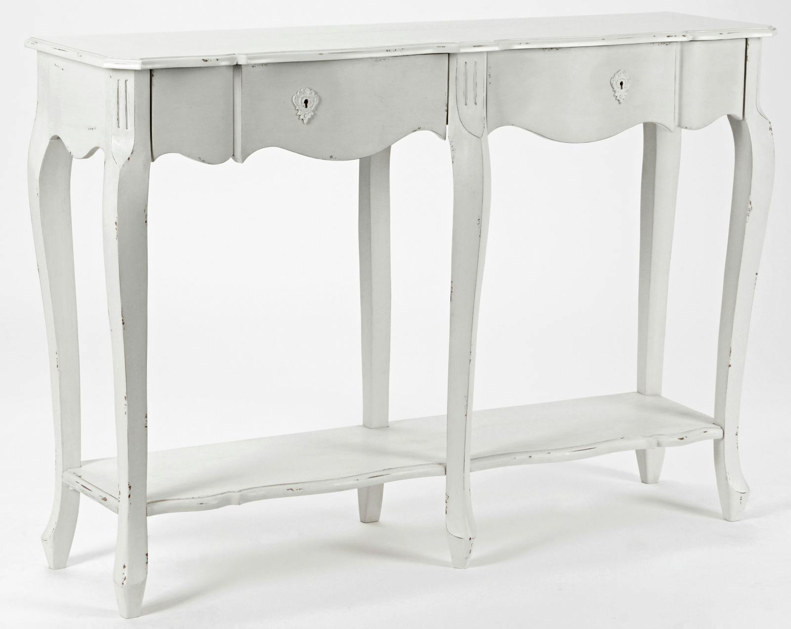 Console Romantique double plateaux, 6 pieds, 2 tiroirs HARPE L130 X P35 X H90 Crème Antique vieilli AMADEUS