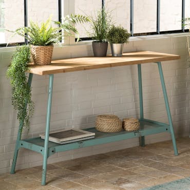 Pier Import console style scandinave industriel bois et métal bleu patiné 120cm BOSTON
