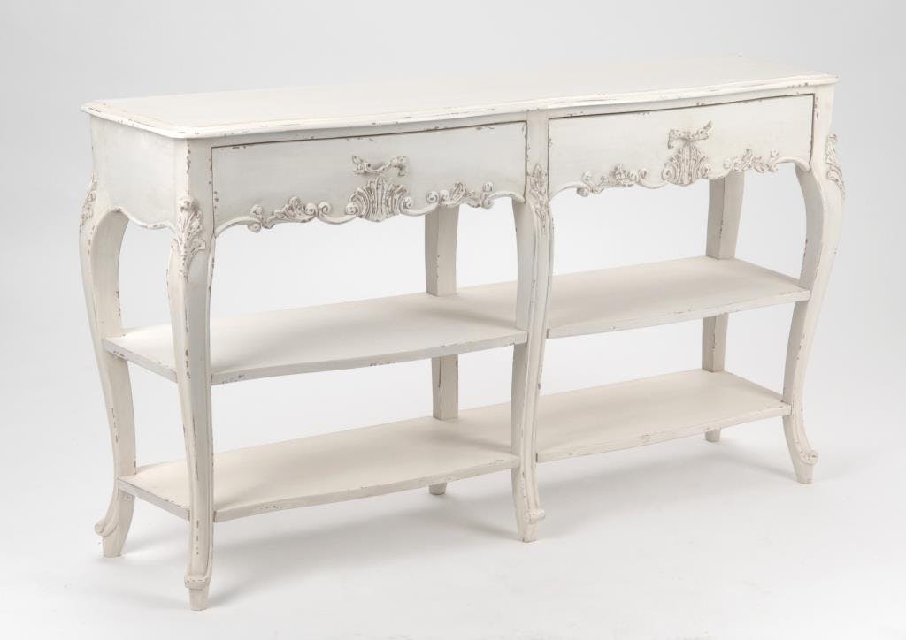 Console shabby 140 cm bois vieilli blanc 2 tiroirs LOUISE L 140 x P 35 x  H 80 AMADEUS