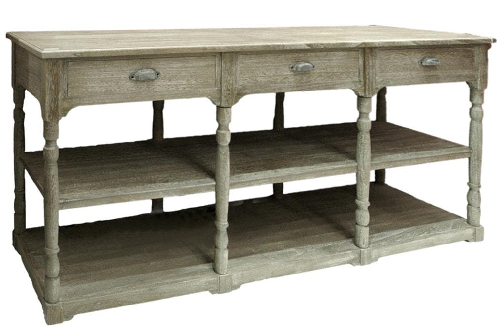 Console triple bois naturel patiné grisé blanchi 3 tiroirs, 2 niveaux bas L180xP50xH85cm PAOLIA